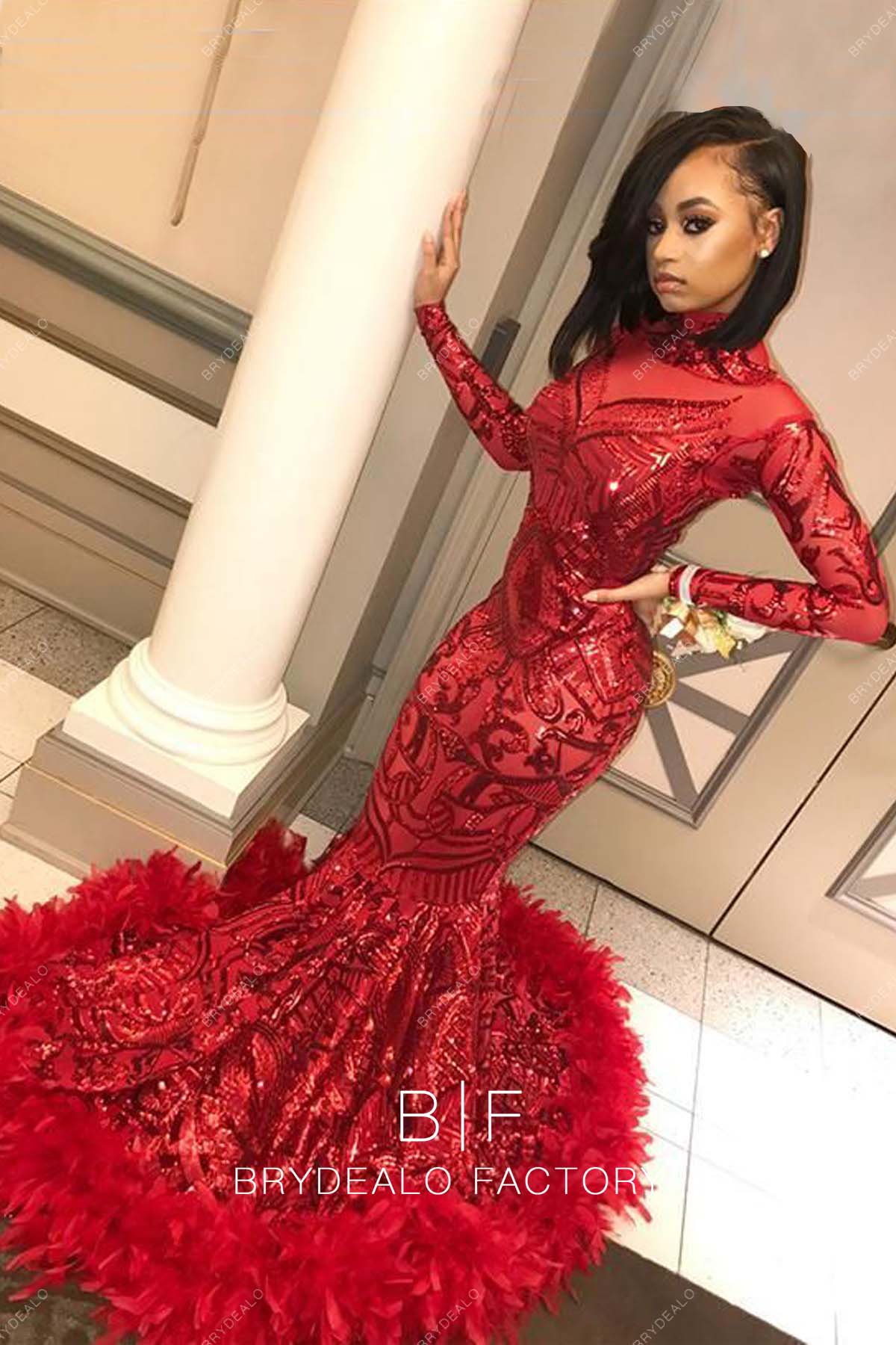 red sequin long sleeves mermaid prom dress