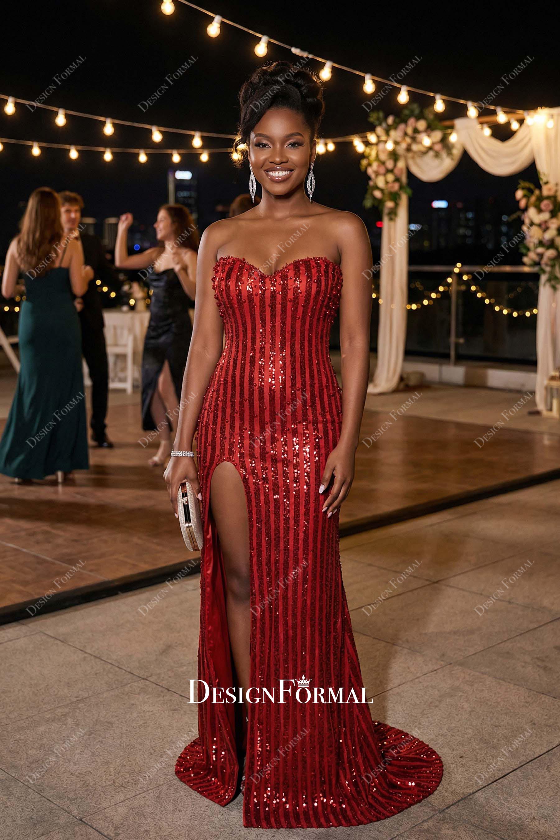 red sequin strapless prom dress