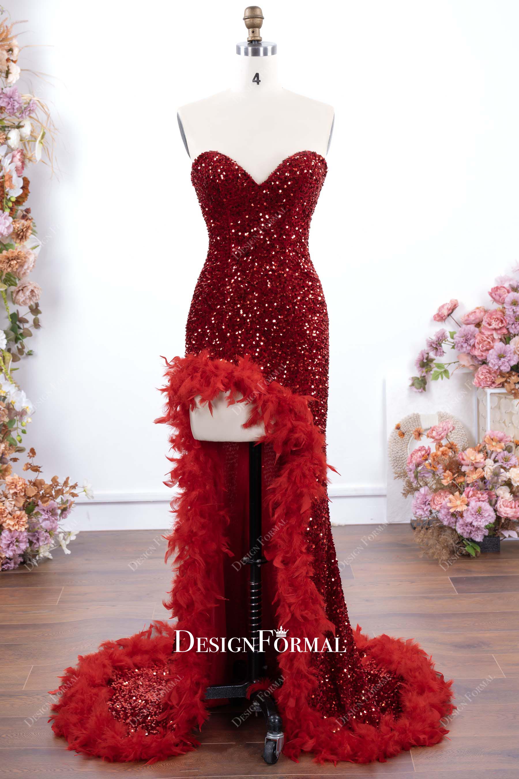 red sequin sweetheart neck prom dress