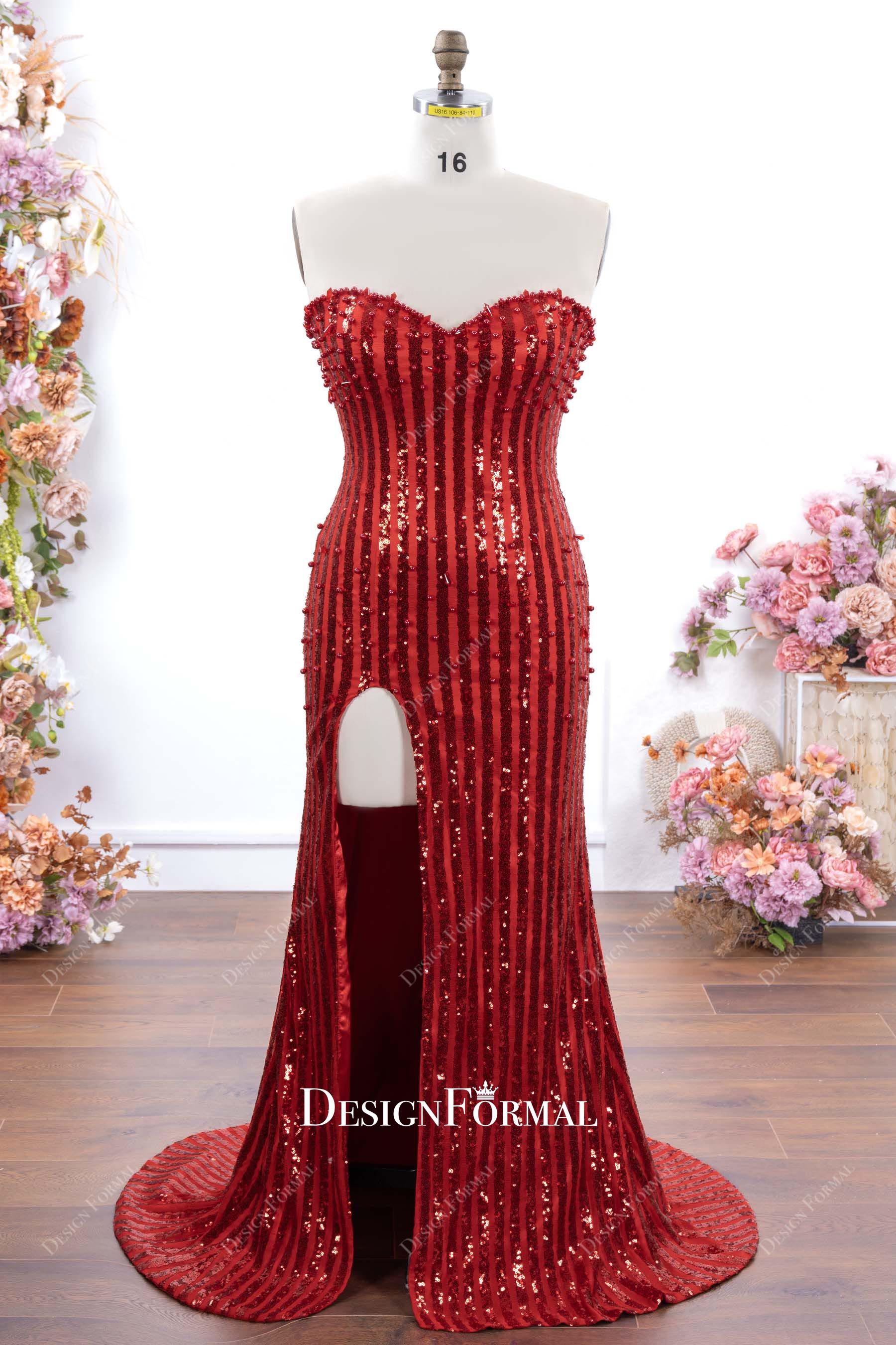 red sequin sweetheart neck prom dress
