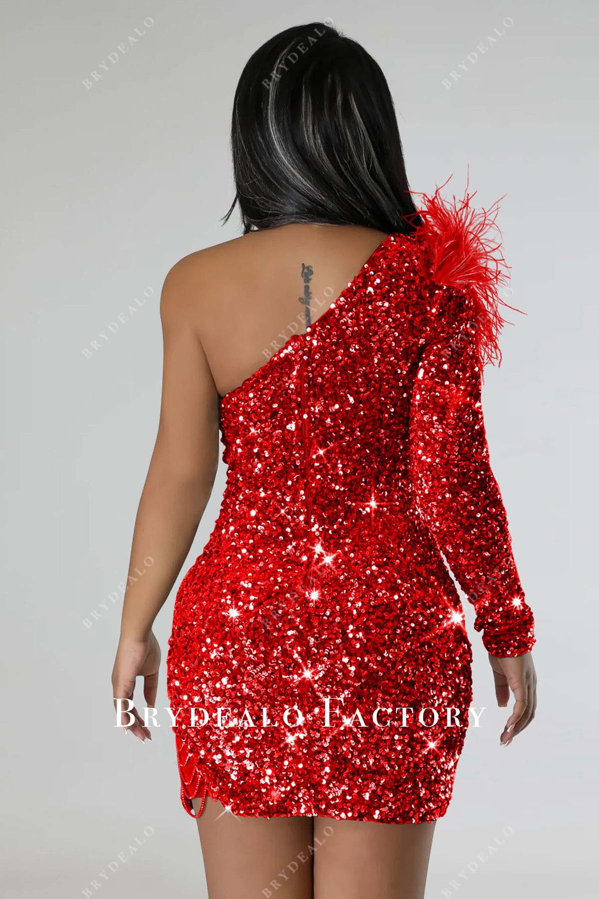 red sequined asymmetric mini cocktail dress