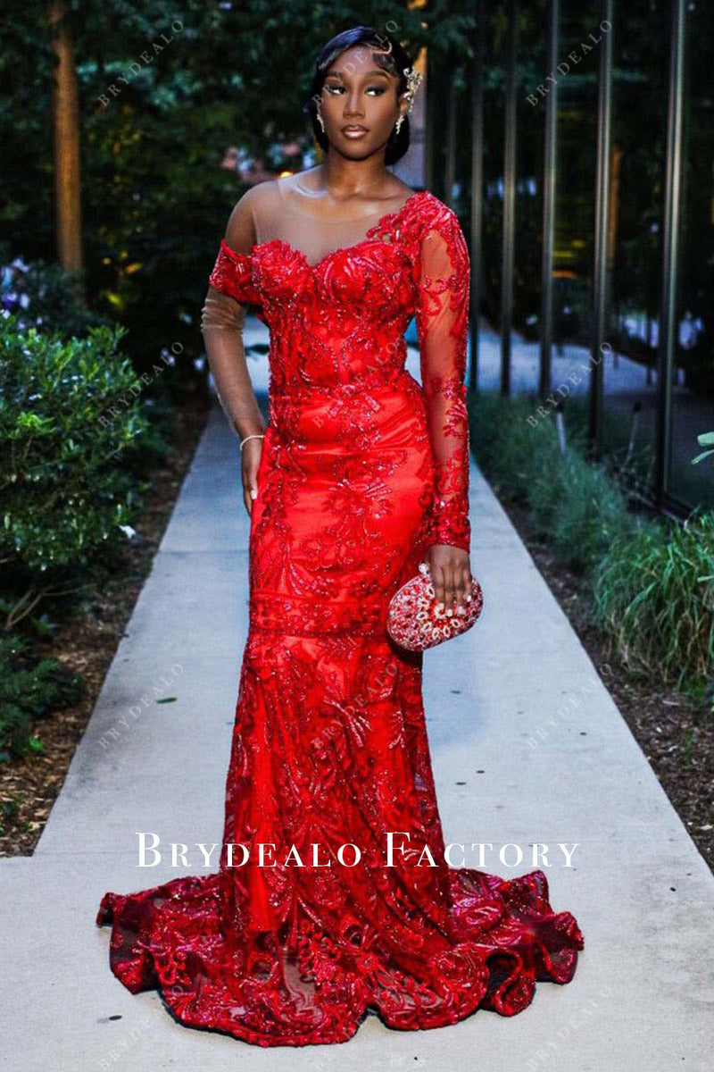 Red Sequined Lace Asymmetrical Neck Mermaid Prom Dress