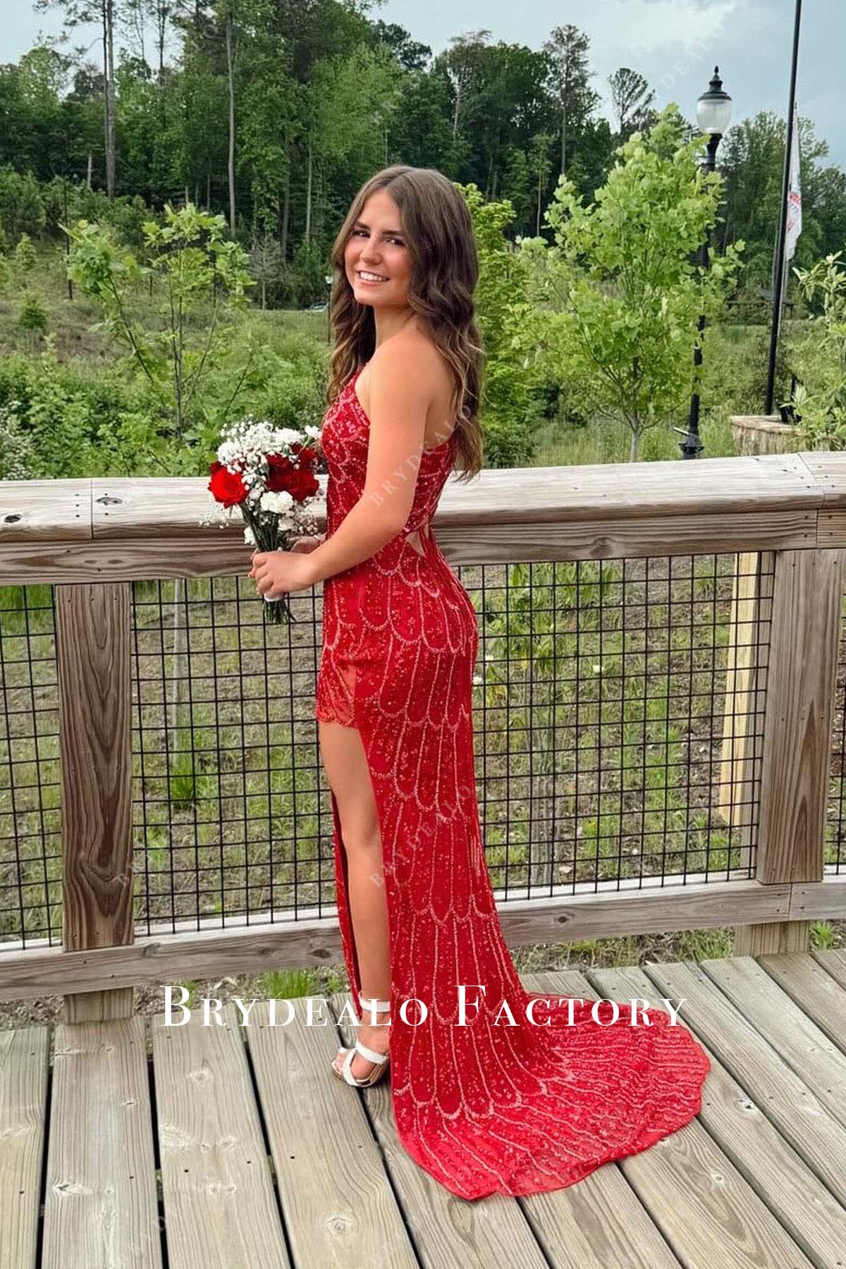 red sequined long train homecoming dress