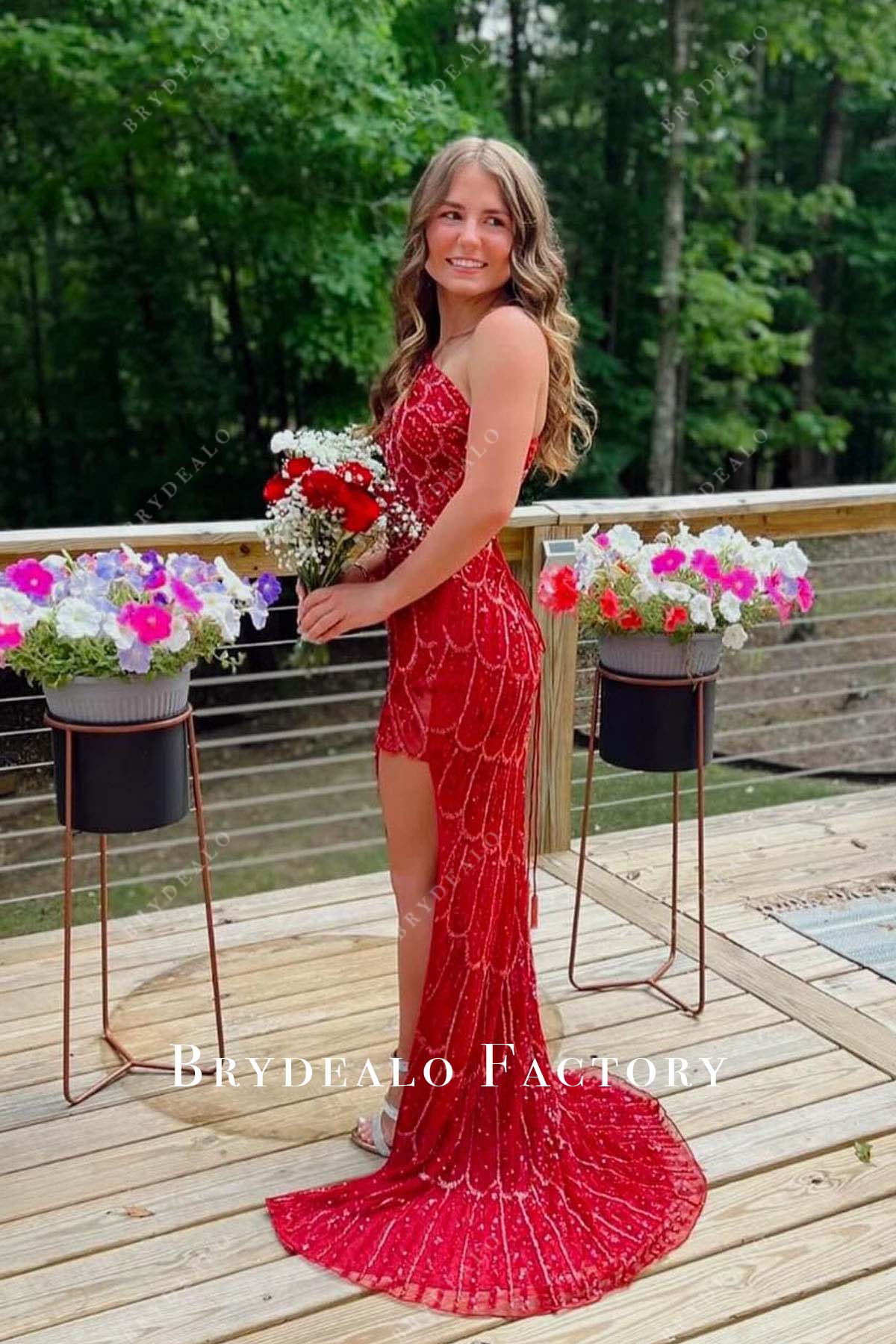 red sequined one shoulder homecoming dress