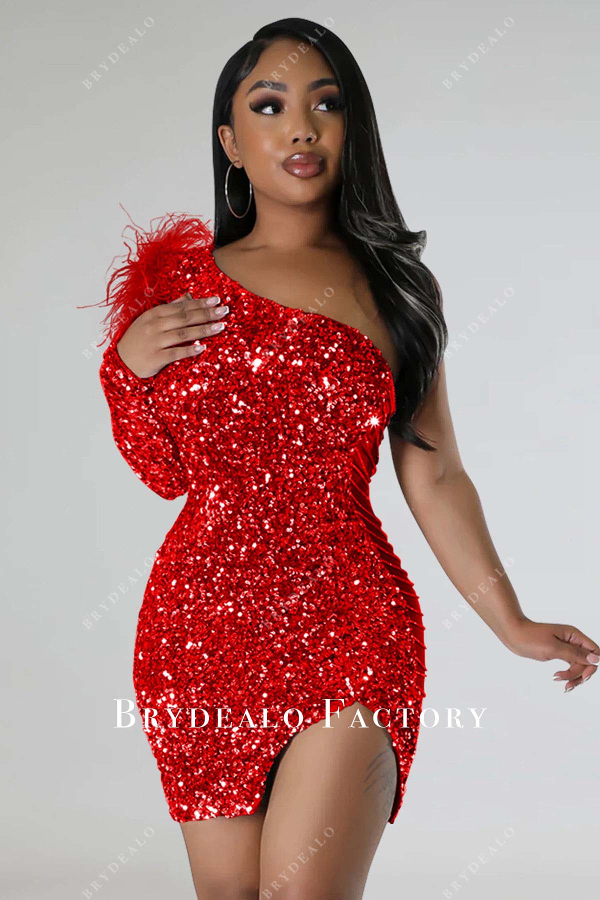 red sequined one sleeve short prom dress