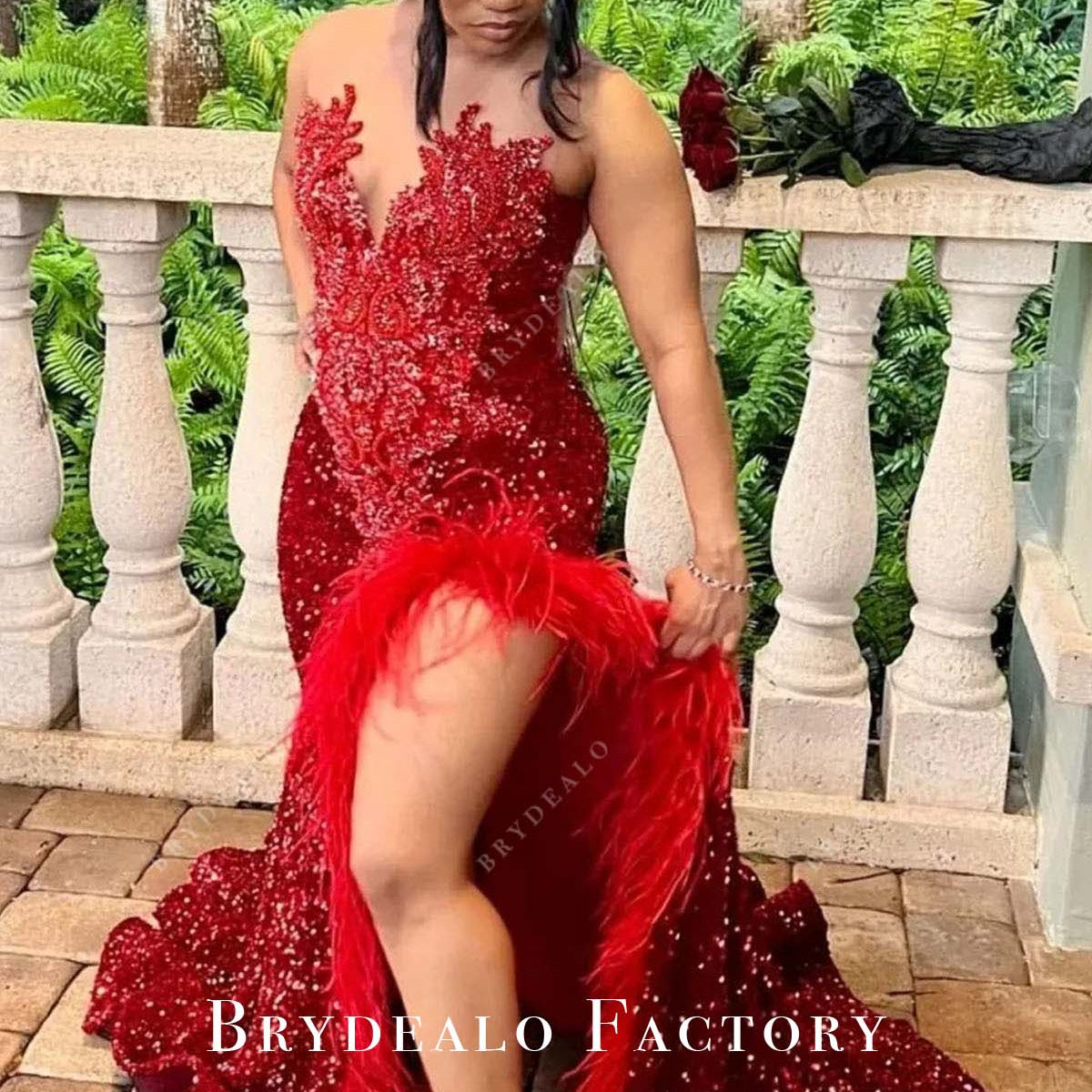 fitted lace wedding dress Red Rhinestone Sequin Feather Slit Mermaid Prom Dress
