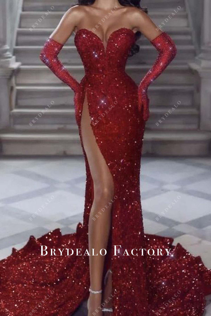 Trendy Strapless Red Mermaid Sweetheart Satin Prom Dresses with Slit main image 0