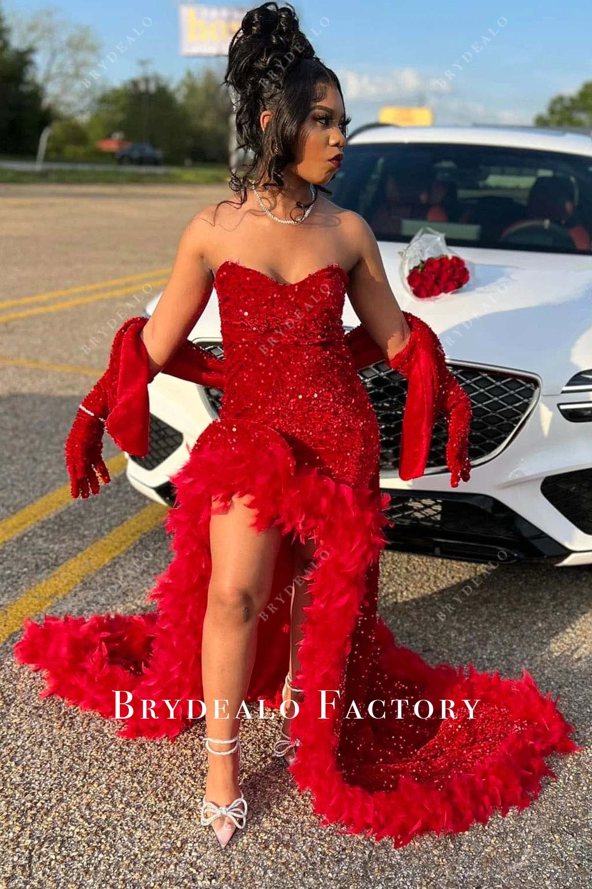 red sequined thigh slit prom dress