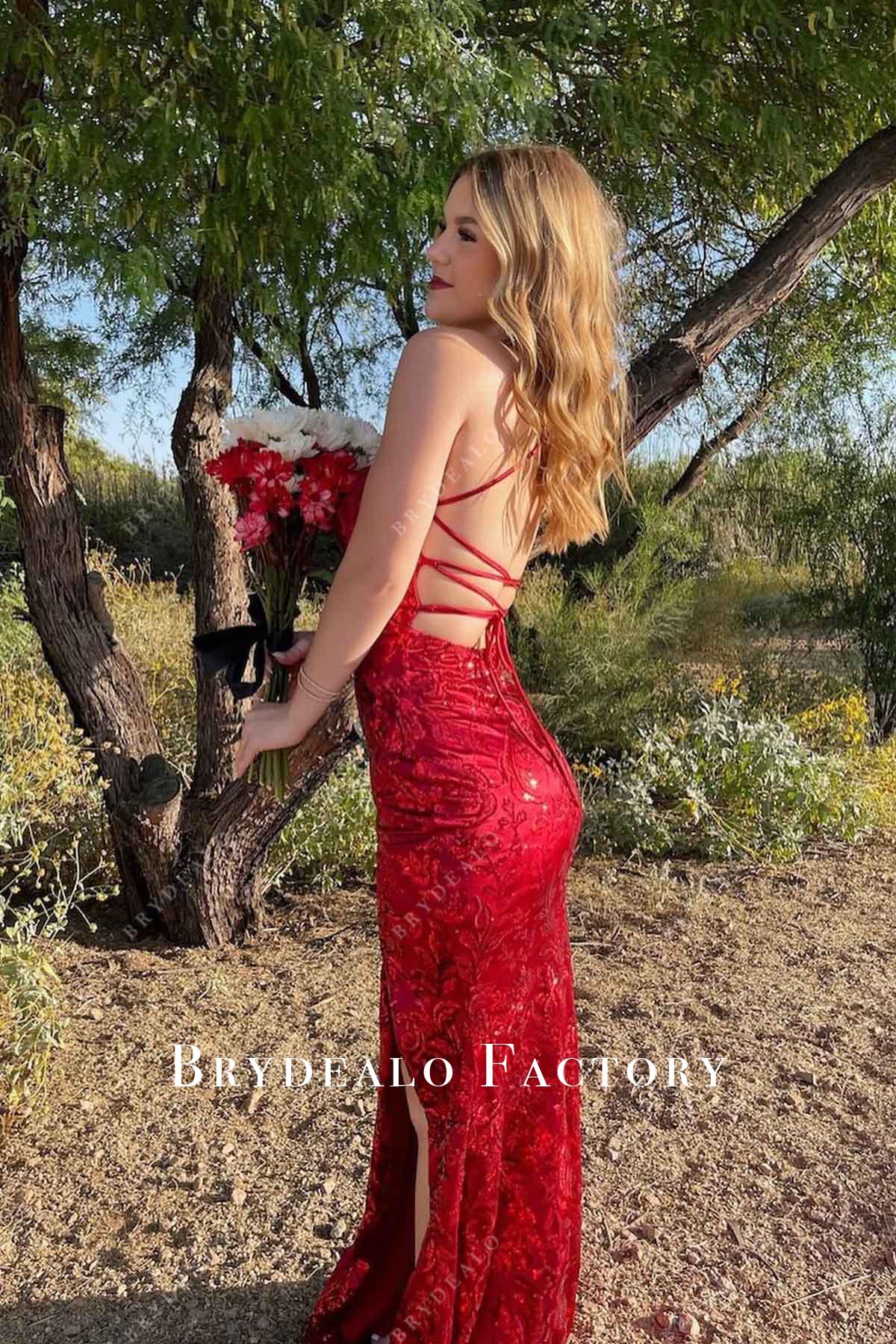 red slit mermaid prom dress