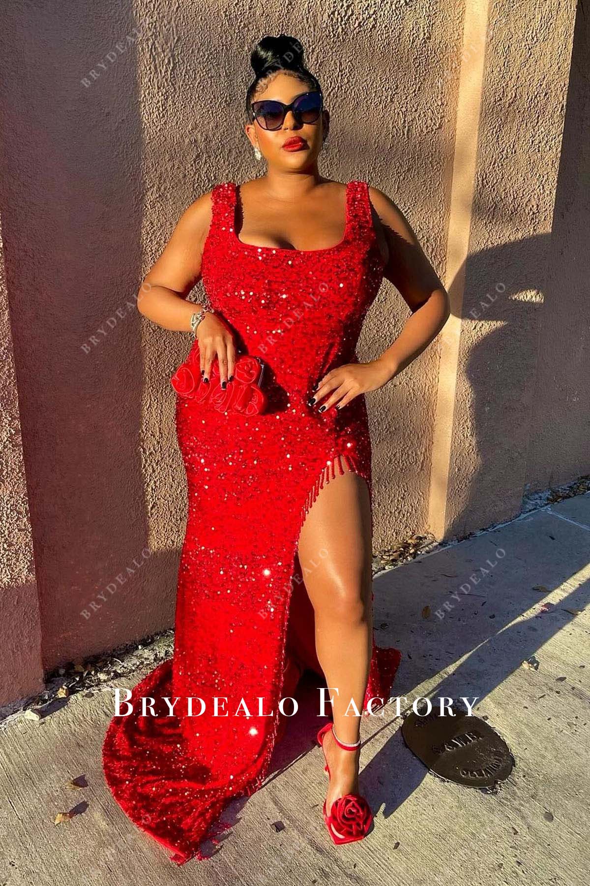 red square neck thigh slit prom dress