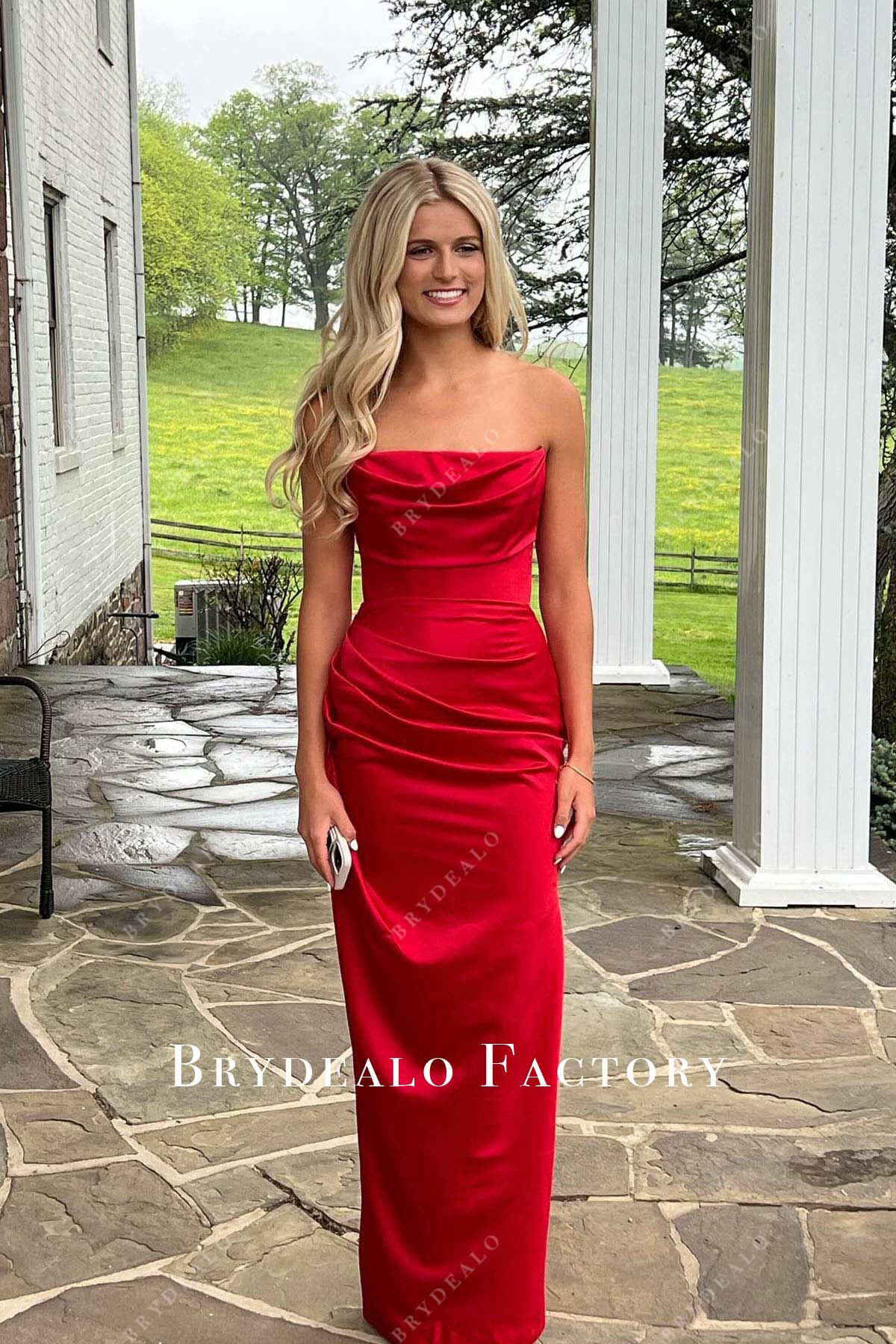 red strapless floor length homecoming dress