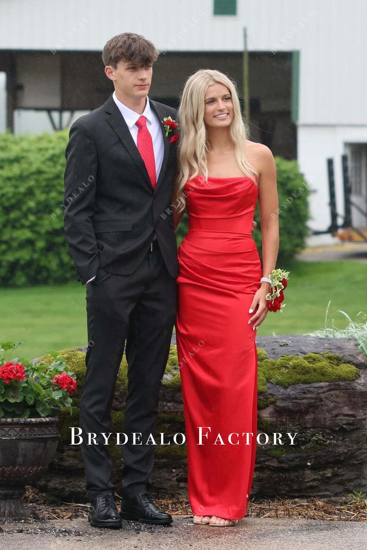 red strapless pleated homecoming dress