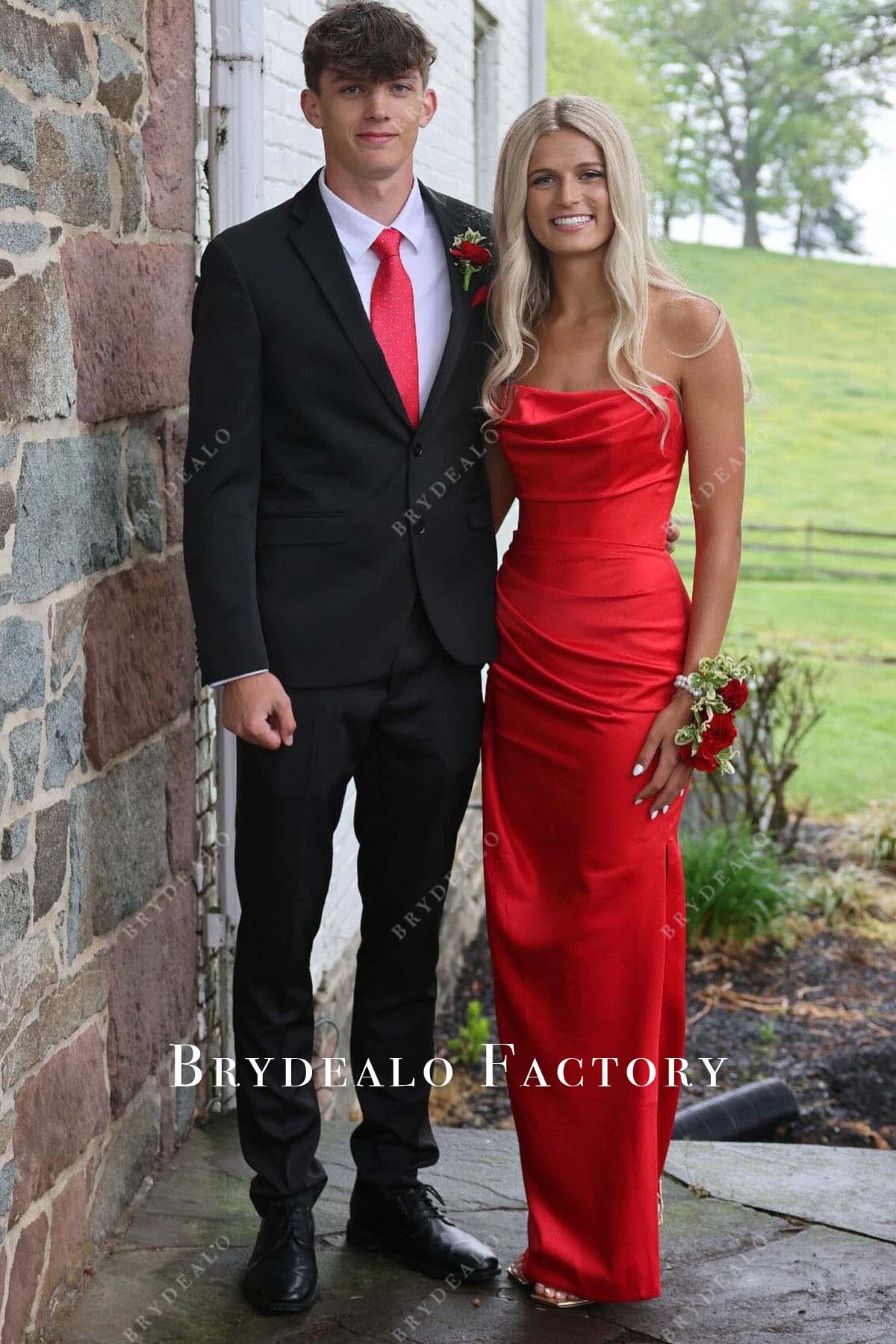 red strapless slit homecoming dress