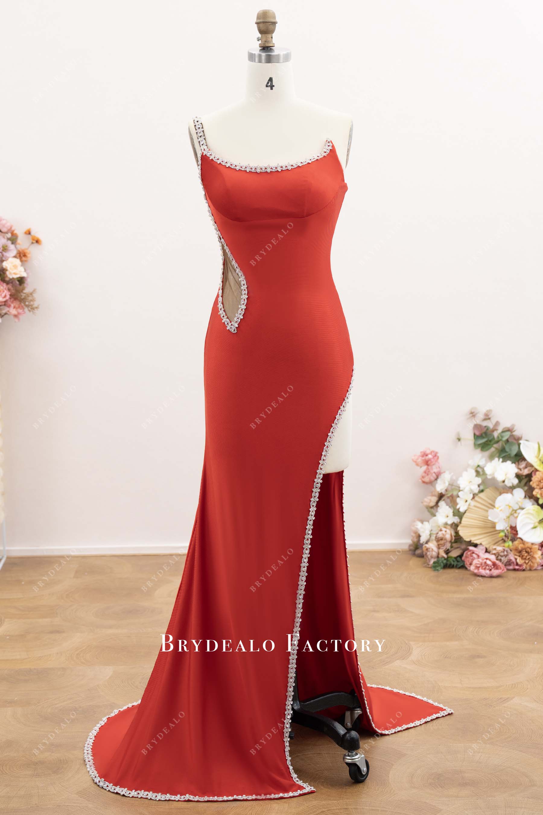 red thigh split formal dress