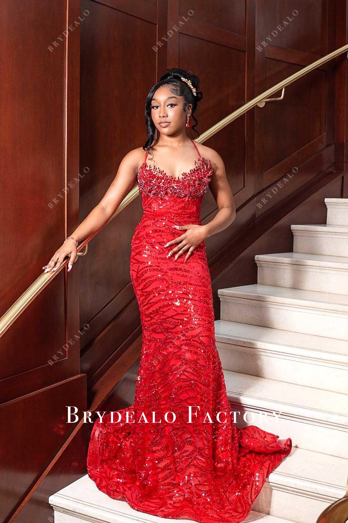 red thin straps prom dress