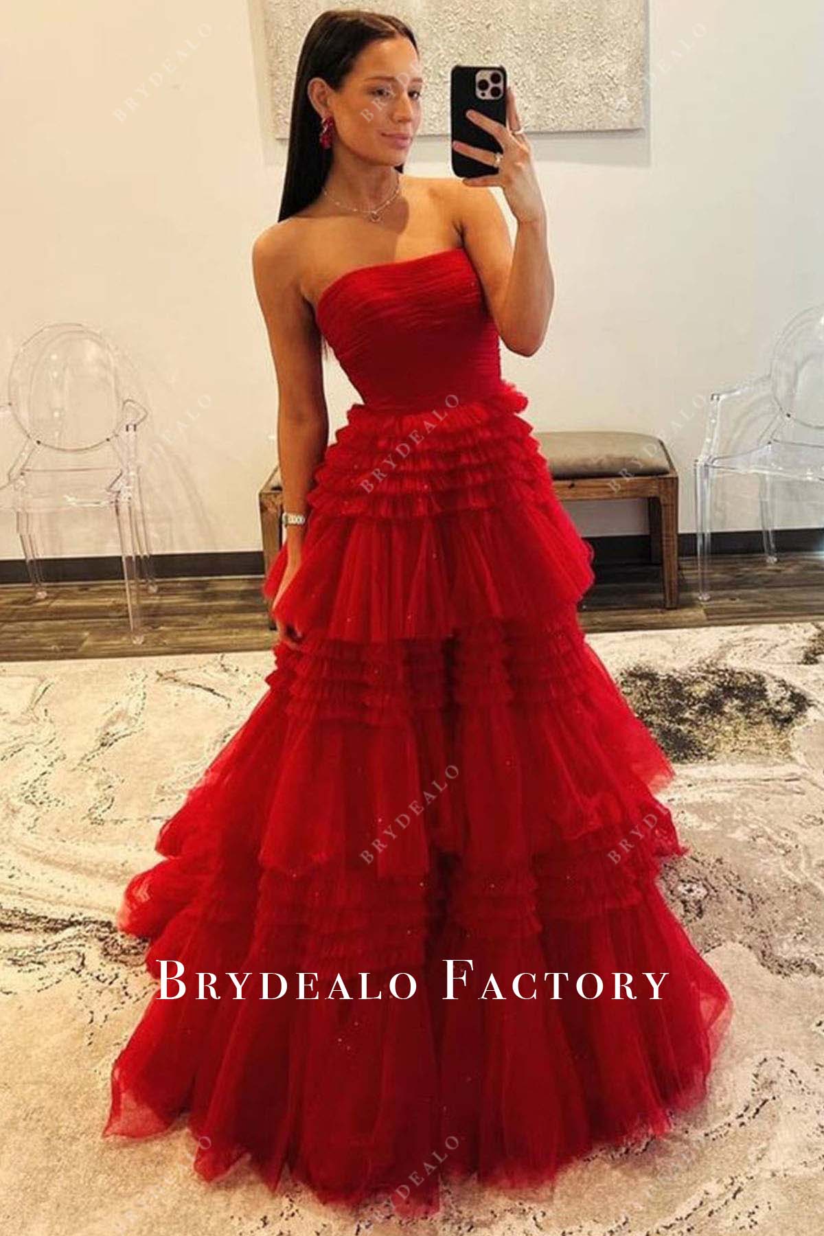 red tulle tiered strapless prom dress 