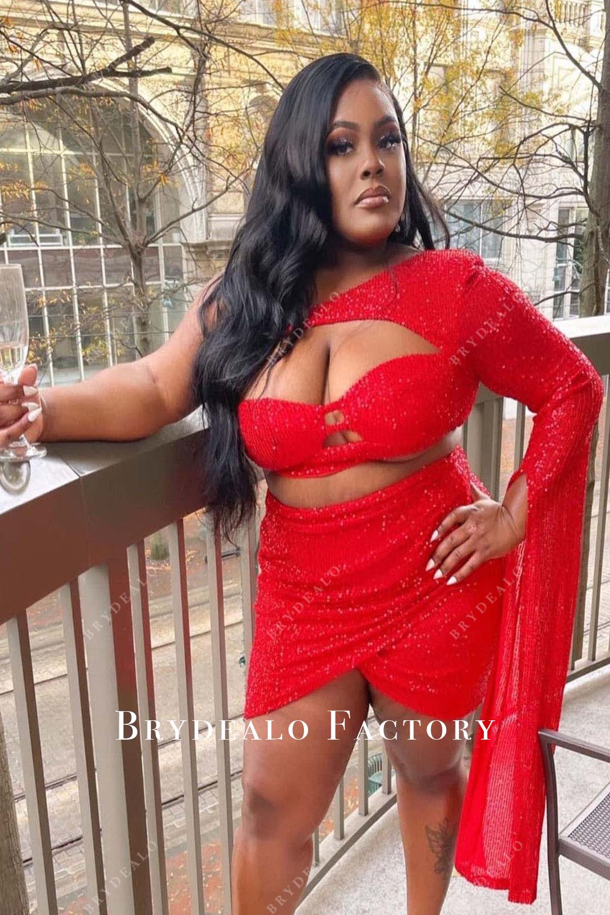 red two piece mini plus size prom dress