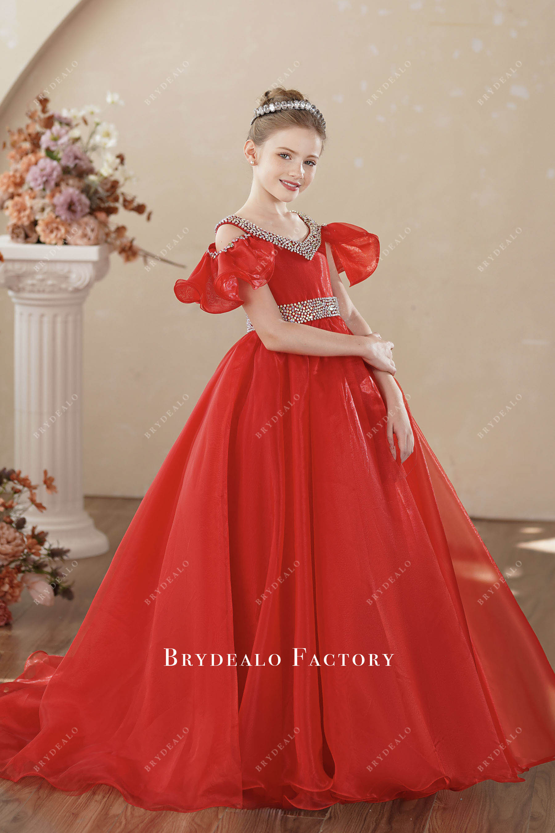 rhinestones V-neck kids birthday formal gown