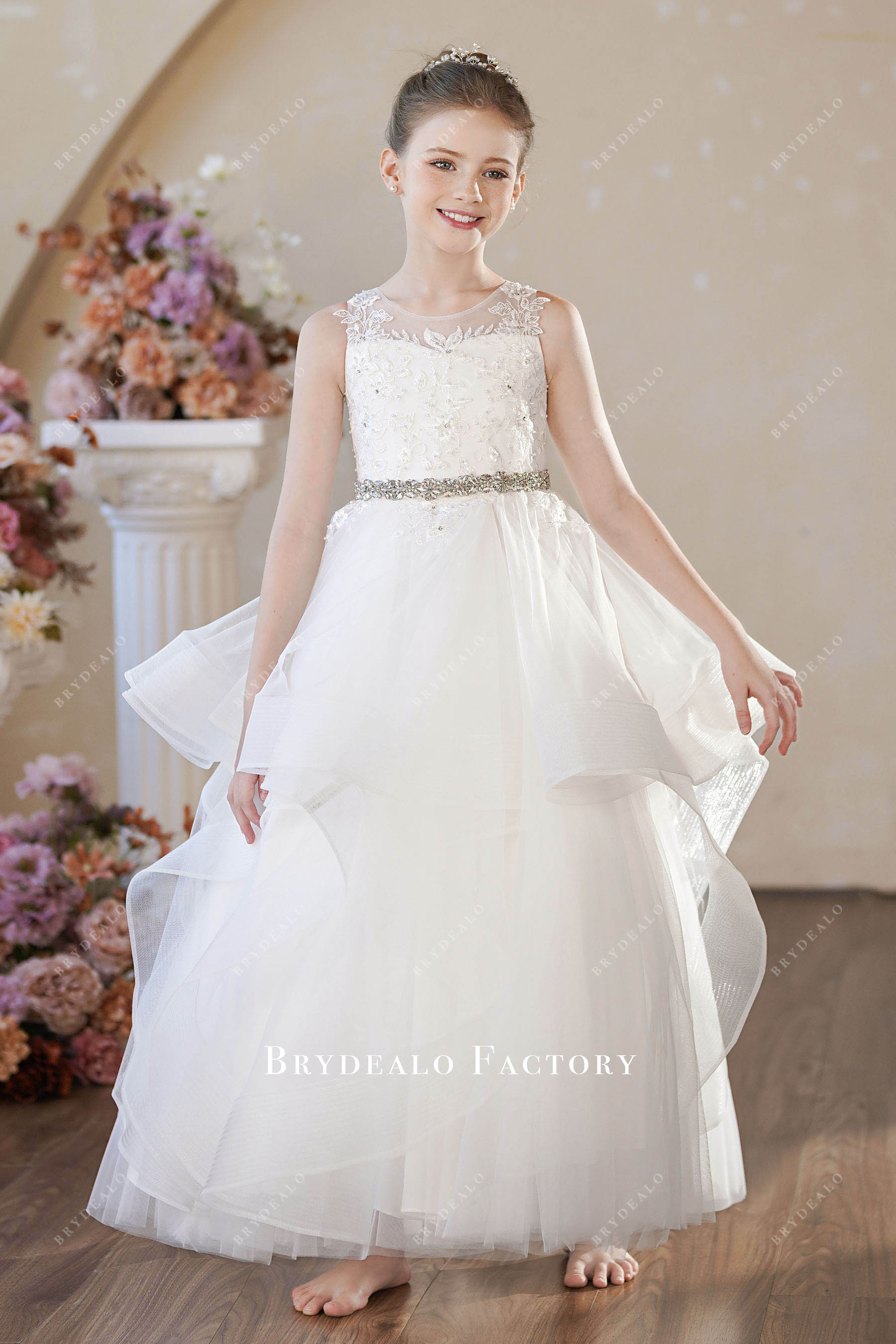 rhinestone belt lace flower girl dress