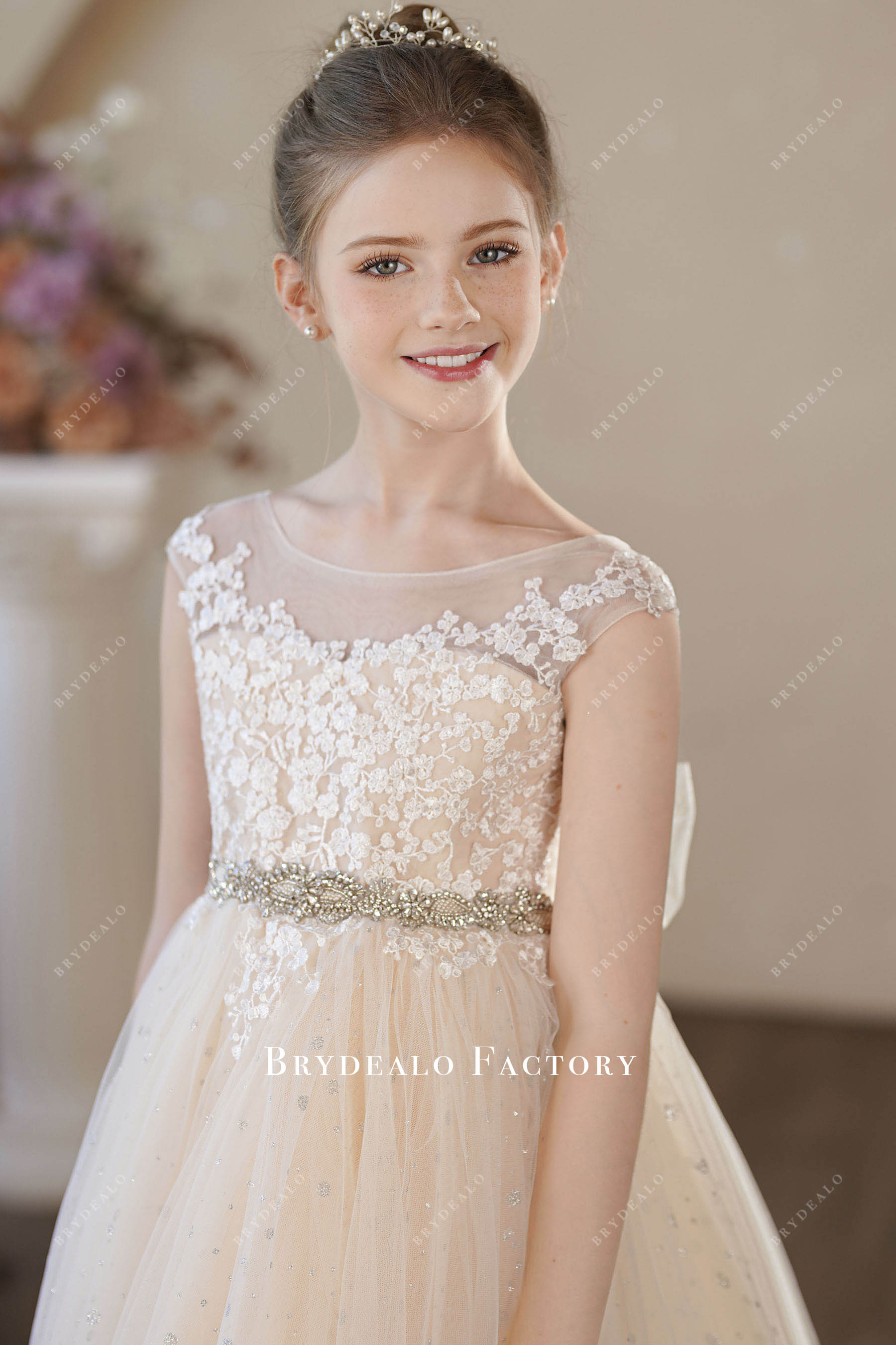 rhinestone belt lace flower girl dress