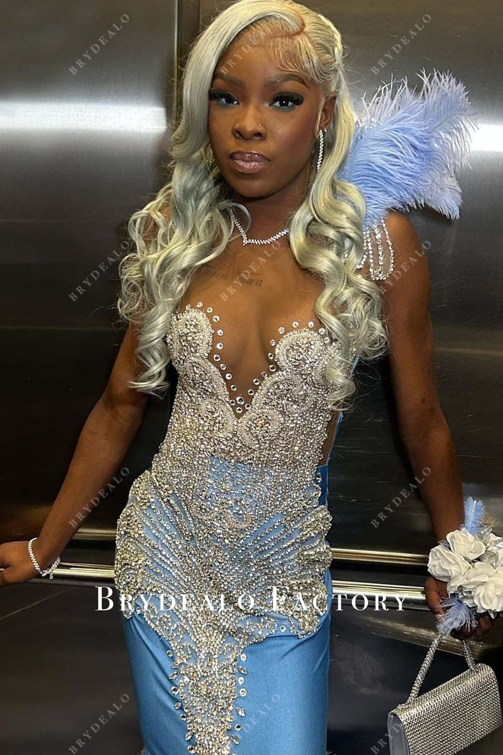 Sparkly Rhinestones Halter Feathered Made-to-Order Prom Dress main image 1