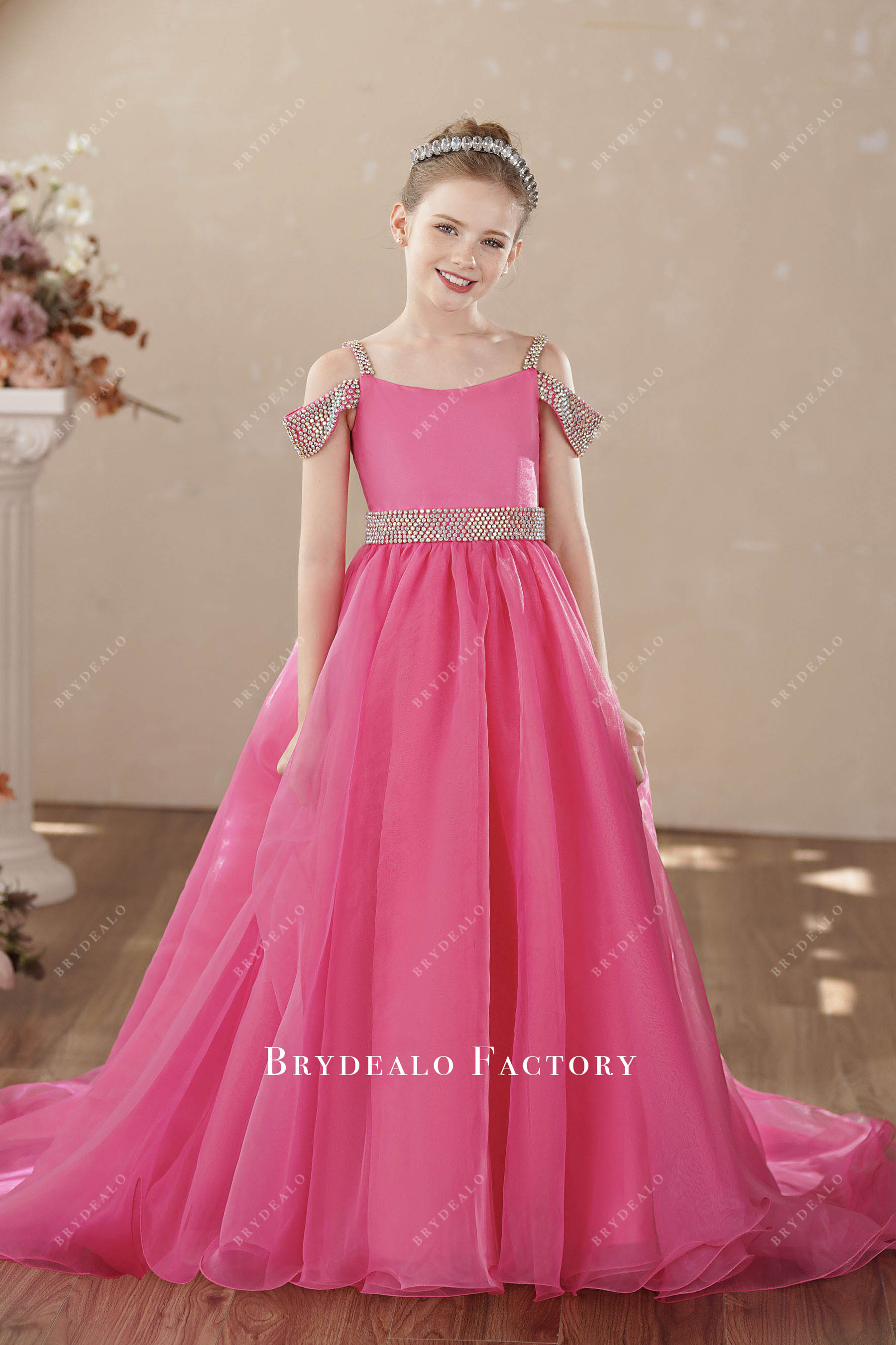 rhinestones cold shoulder puffy A-line kids gown