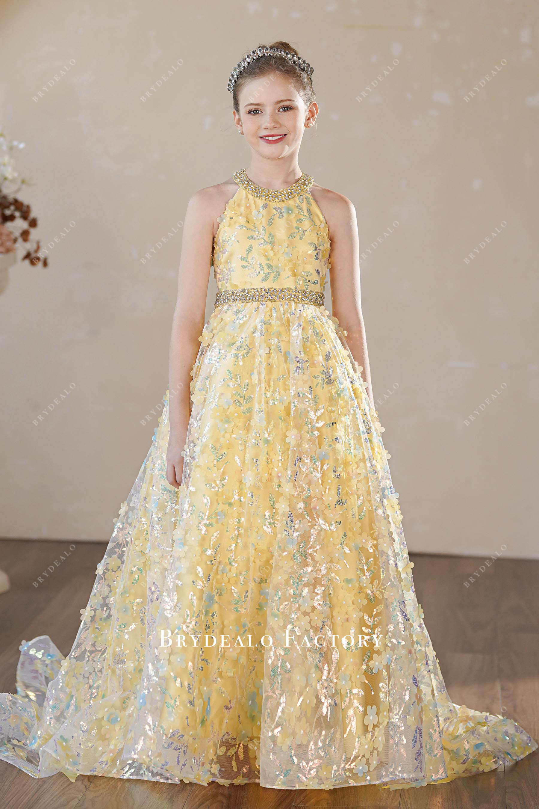 rhinestone halter neck yellow junior pageant dress