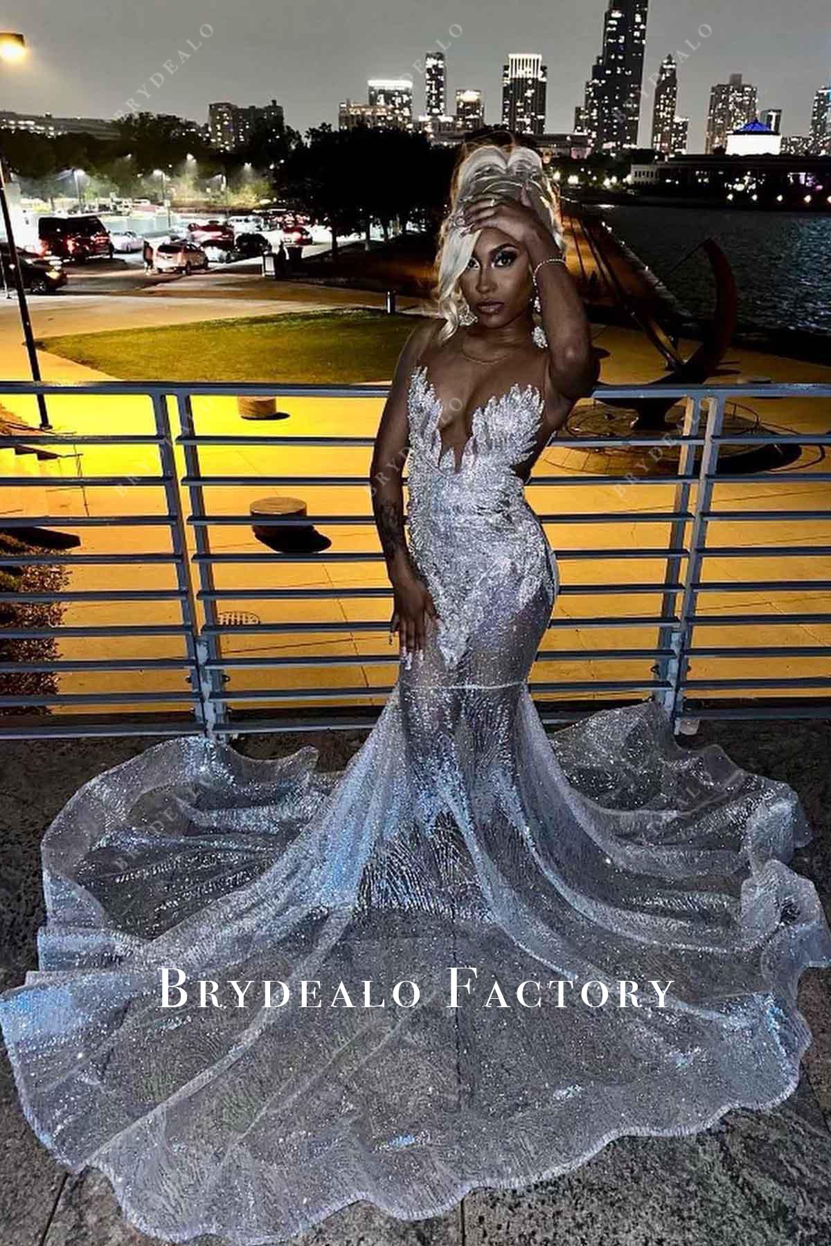 rhinestones illusion neck prom dress