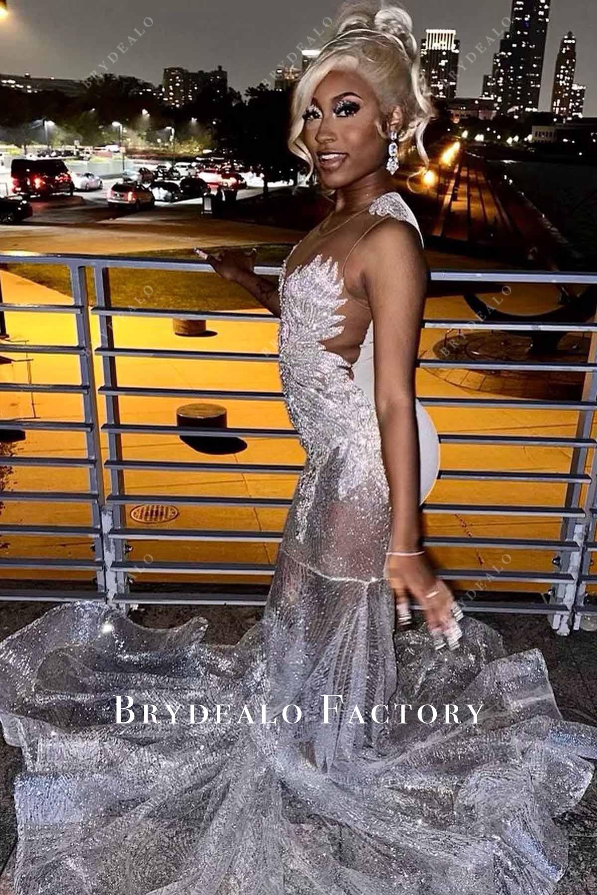 Sparkly Sequined Sleeveless Illusion Trumpet Prom Dress