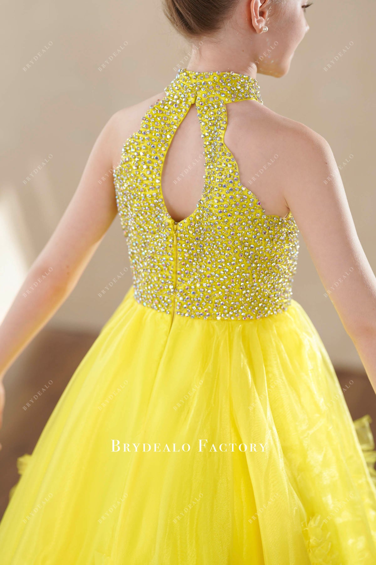 Yellow Organza Sparkly Rhinestone Sleeveless Little Girl Pageant Dress