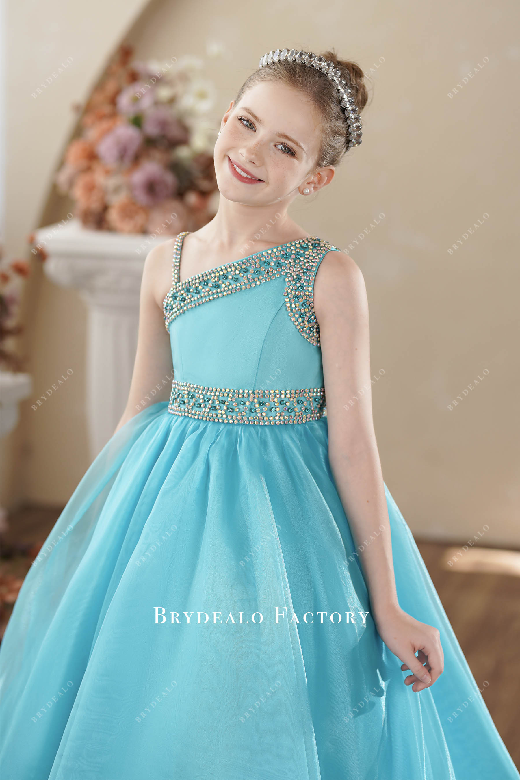 Rhinestones Pool Blue Asymmetrical Neck Teen Pageant Gown