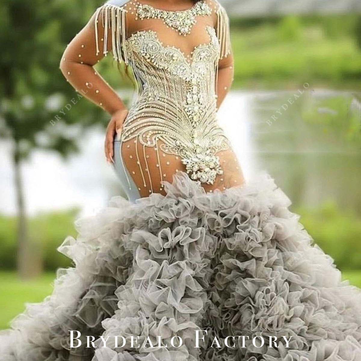 grey rhinestone dress Silver Rhinestone Grey Tulle Ruffled Trumpet Floor Length Prom Dress