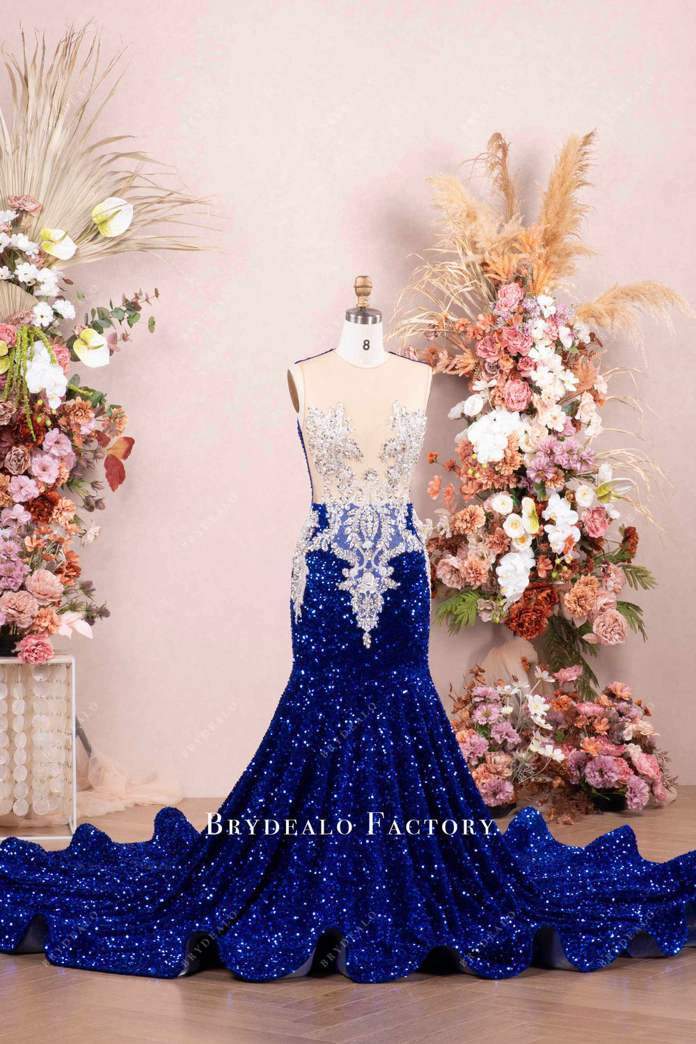 Royal Blue Shiny Sequin Strapless Mermaid Prom Dress