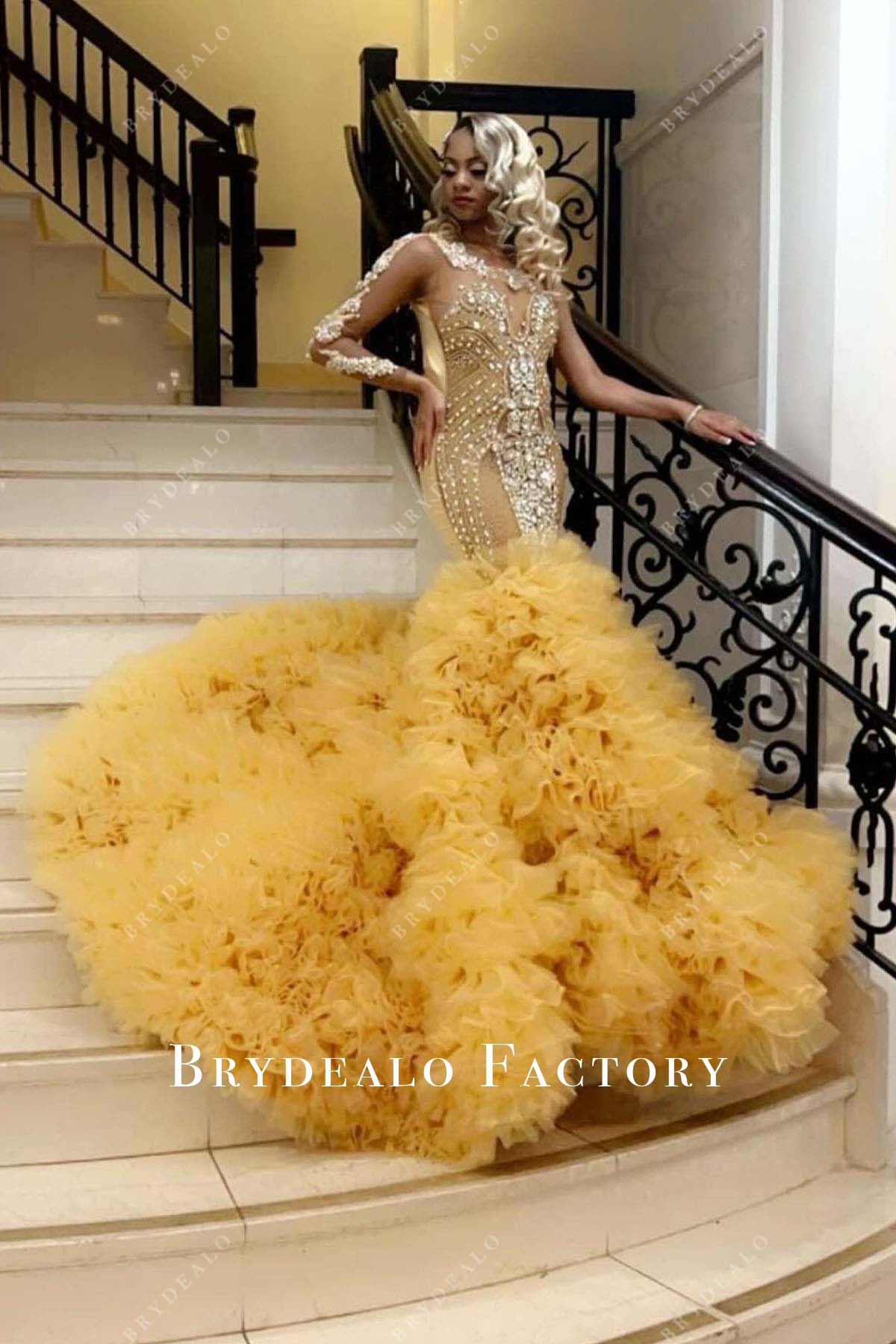 rhinestones gold tulle prom dress