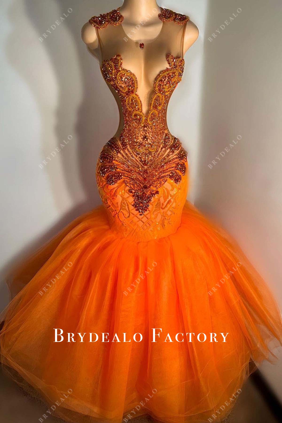 rhinestones orange tulle trumpet prom dress