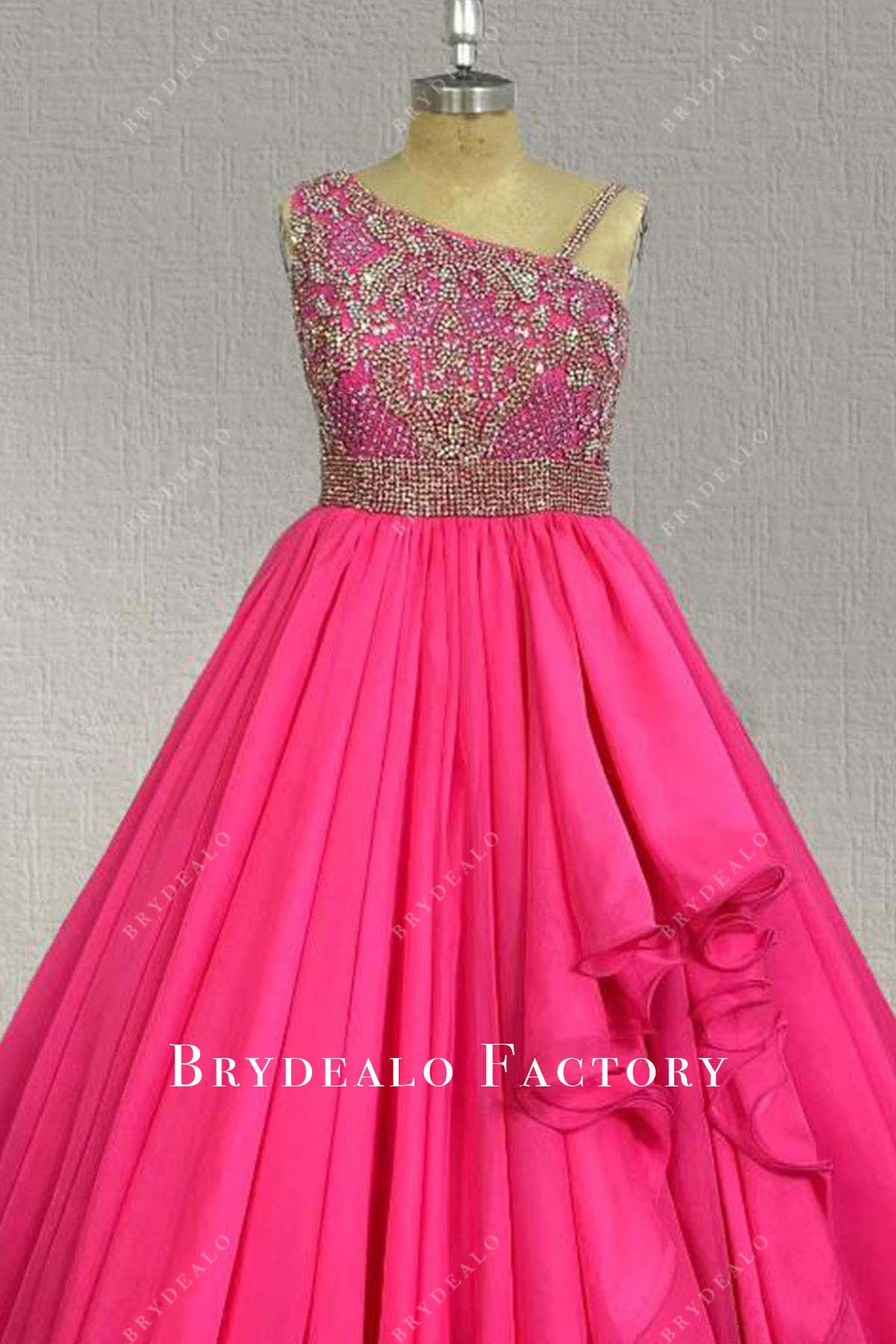 rhinestones asymmetrical neckline fuchsia pageant dress