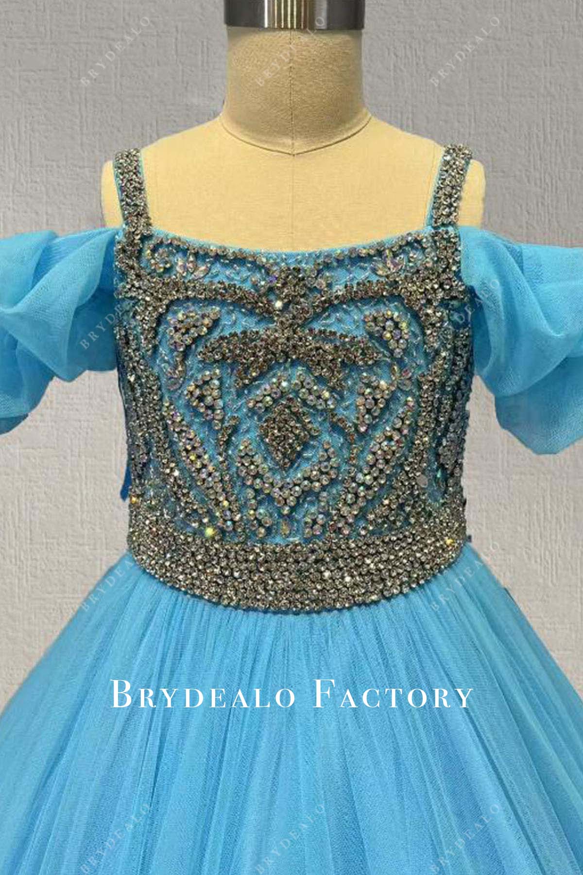 rhinestones blue cold shoulder sleeves pageant dress