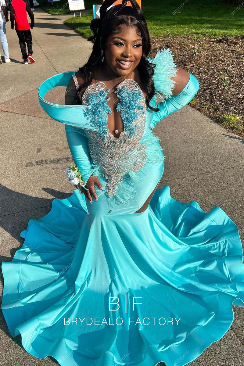Spa Blue Spandex Plunging Neck Rhinestones Mermaid Prom Dress