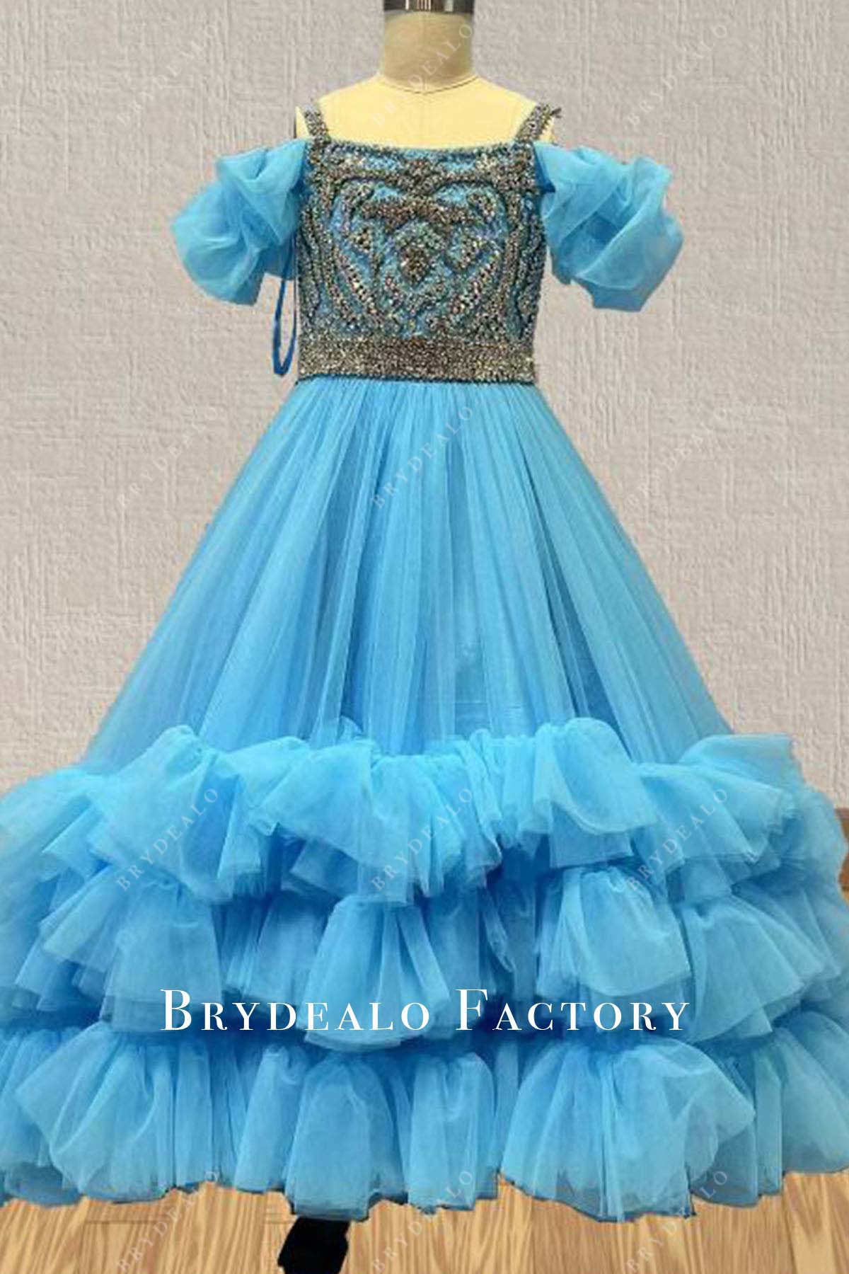 rhinestones blue ruffled a line pageant dress