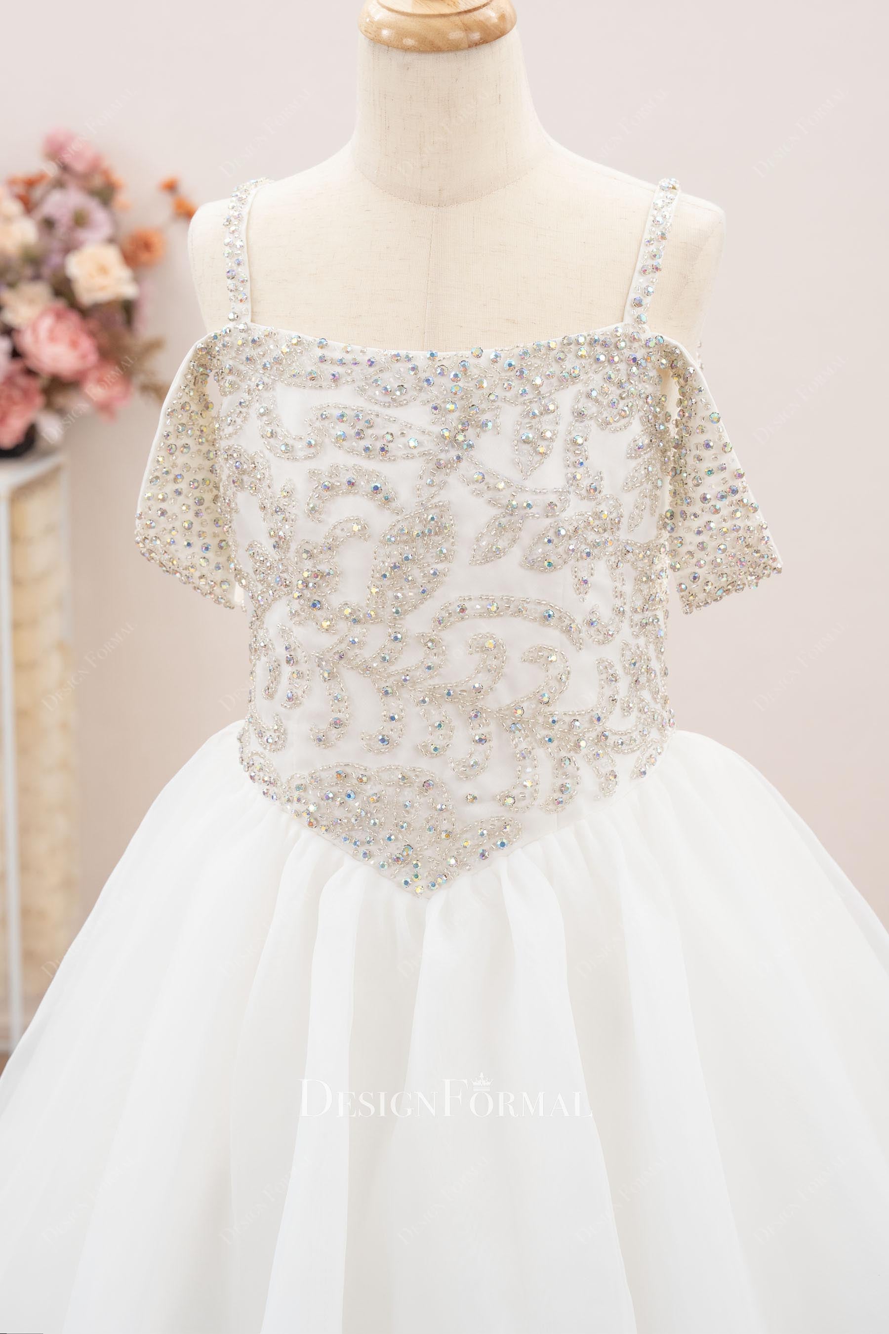 rhinestones bodice Basque waist first communion dress