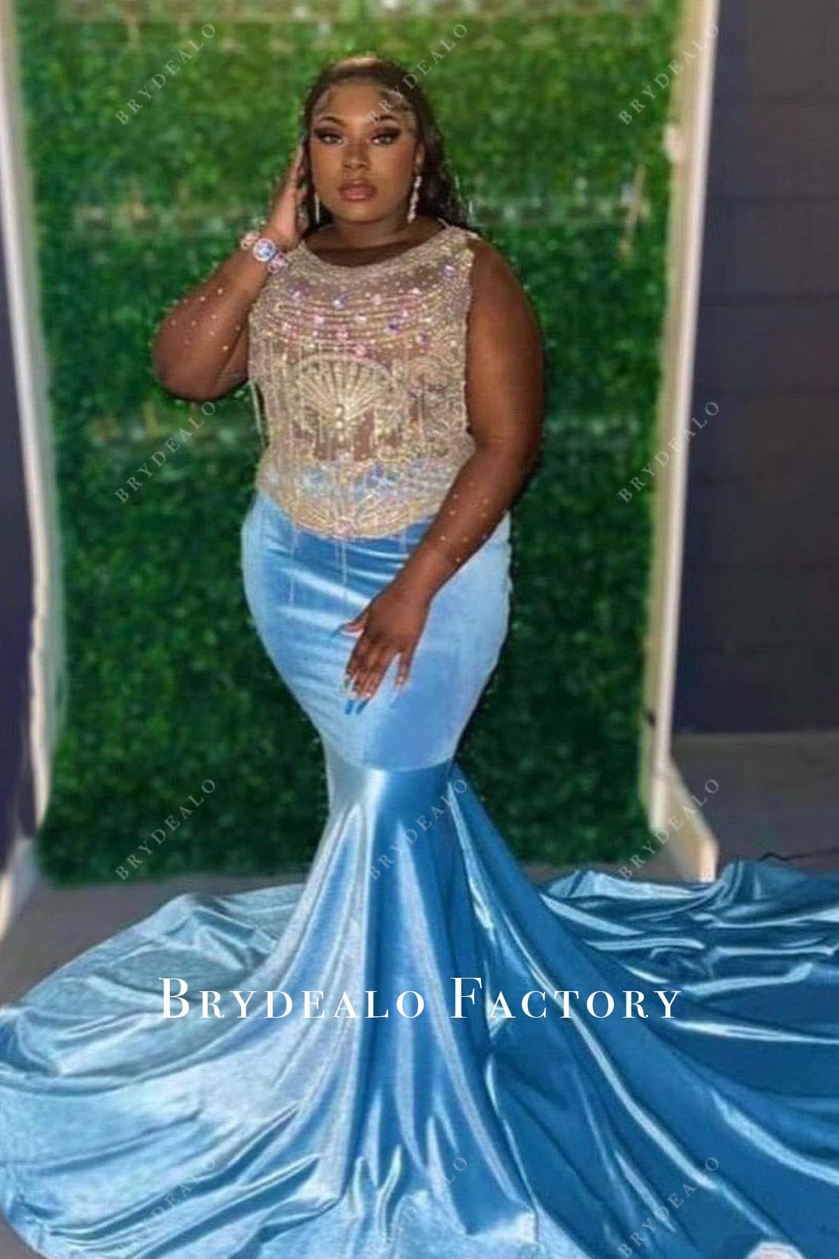 rhinestones bodice blue velvet trumpet prom dress