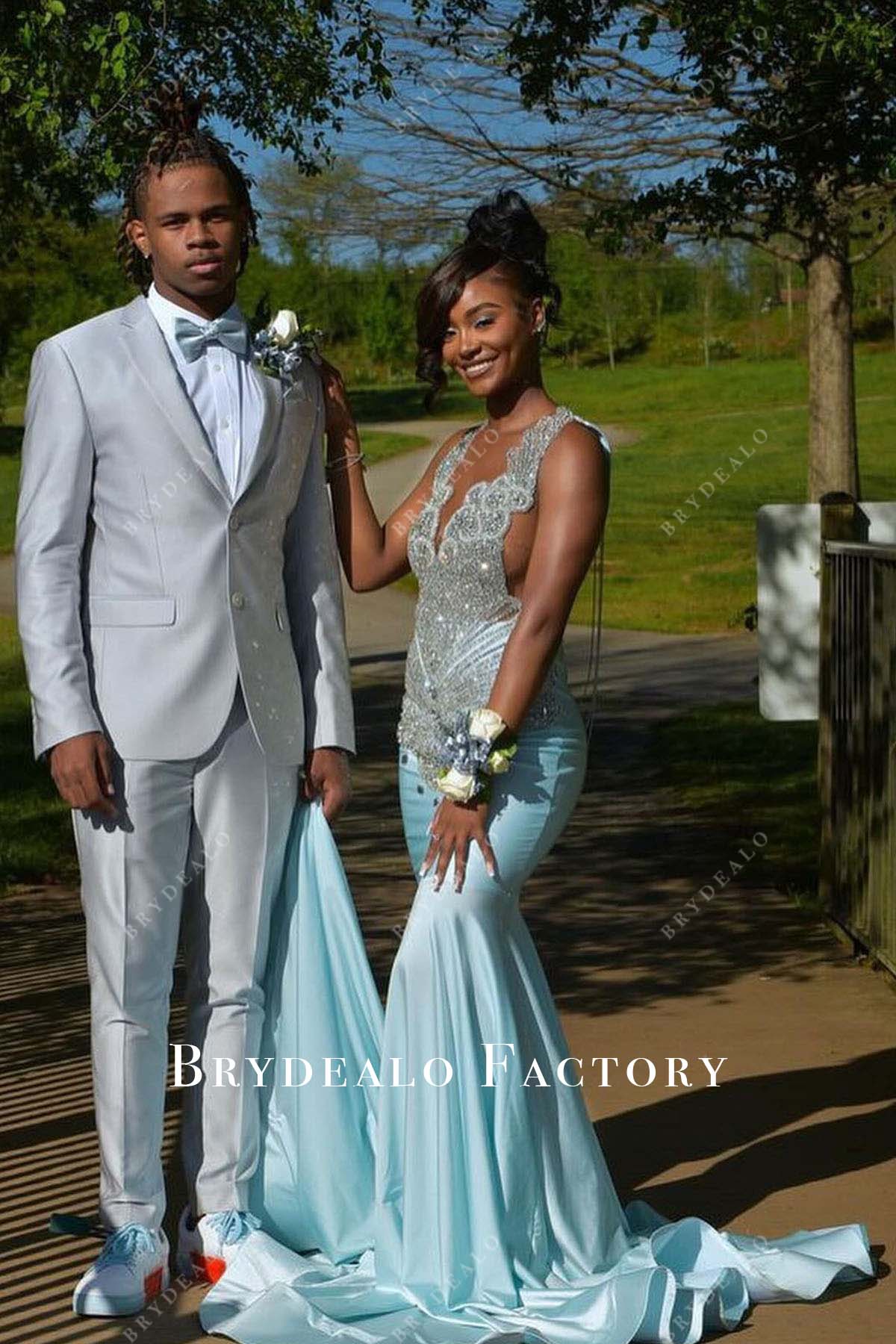 rhinestones bodice sky blue trumpet prom dress