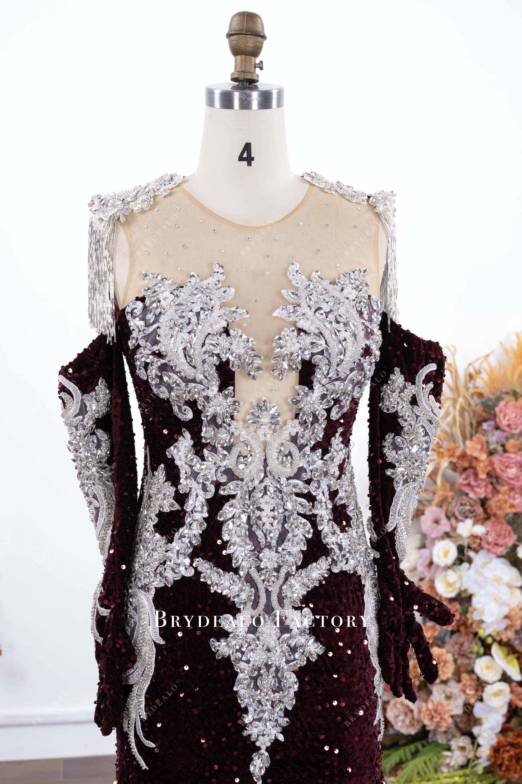 rhinestones burgundy sequin prom dress