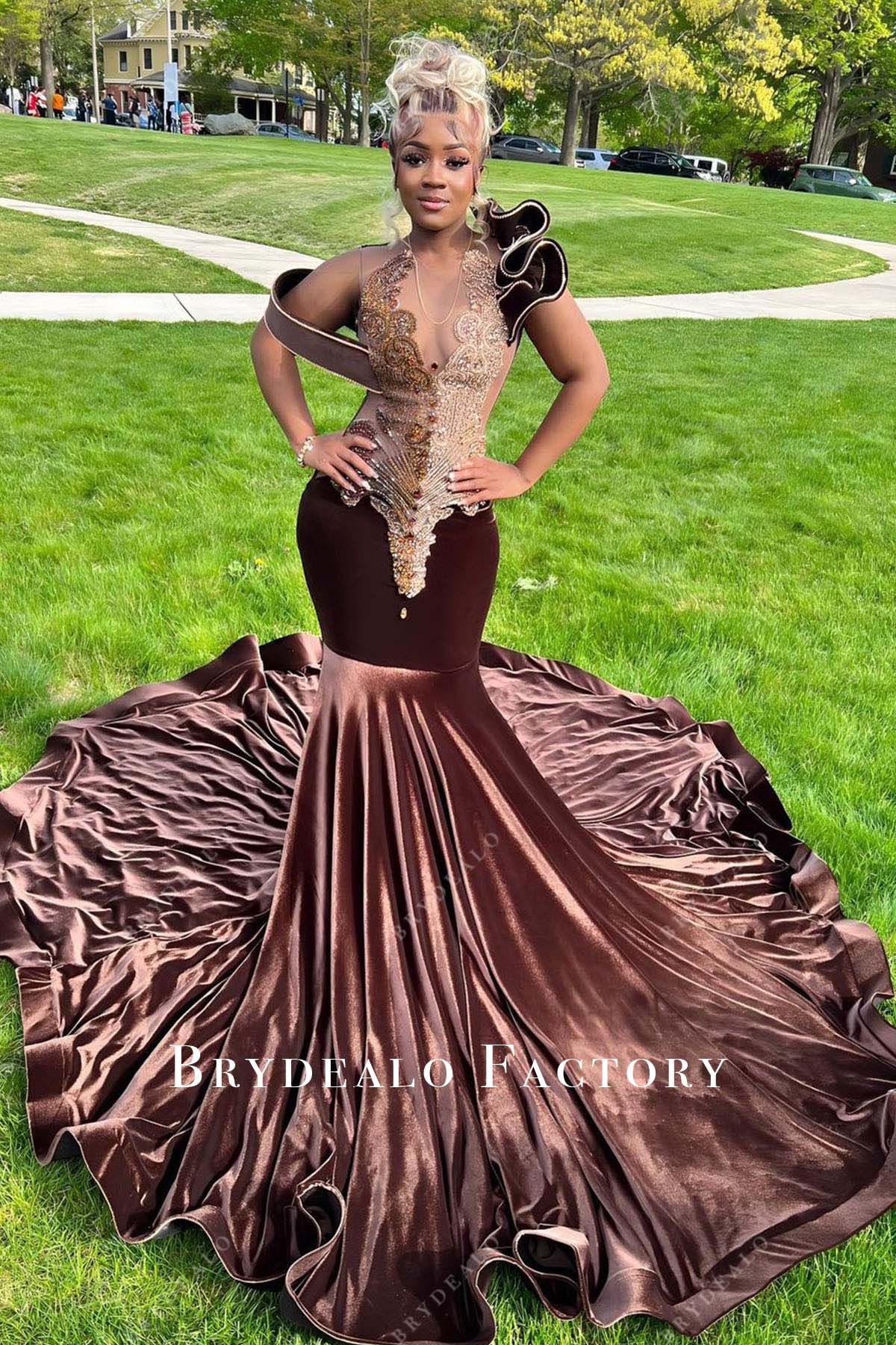 rhinestones coffee velvet trumpet prom dress