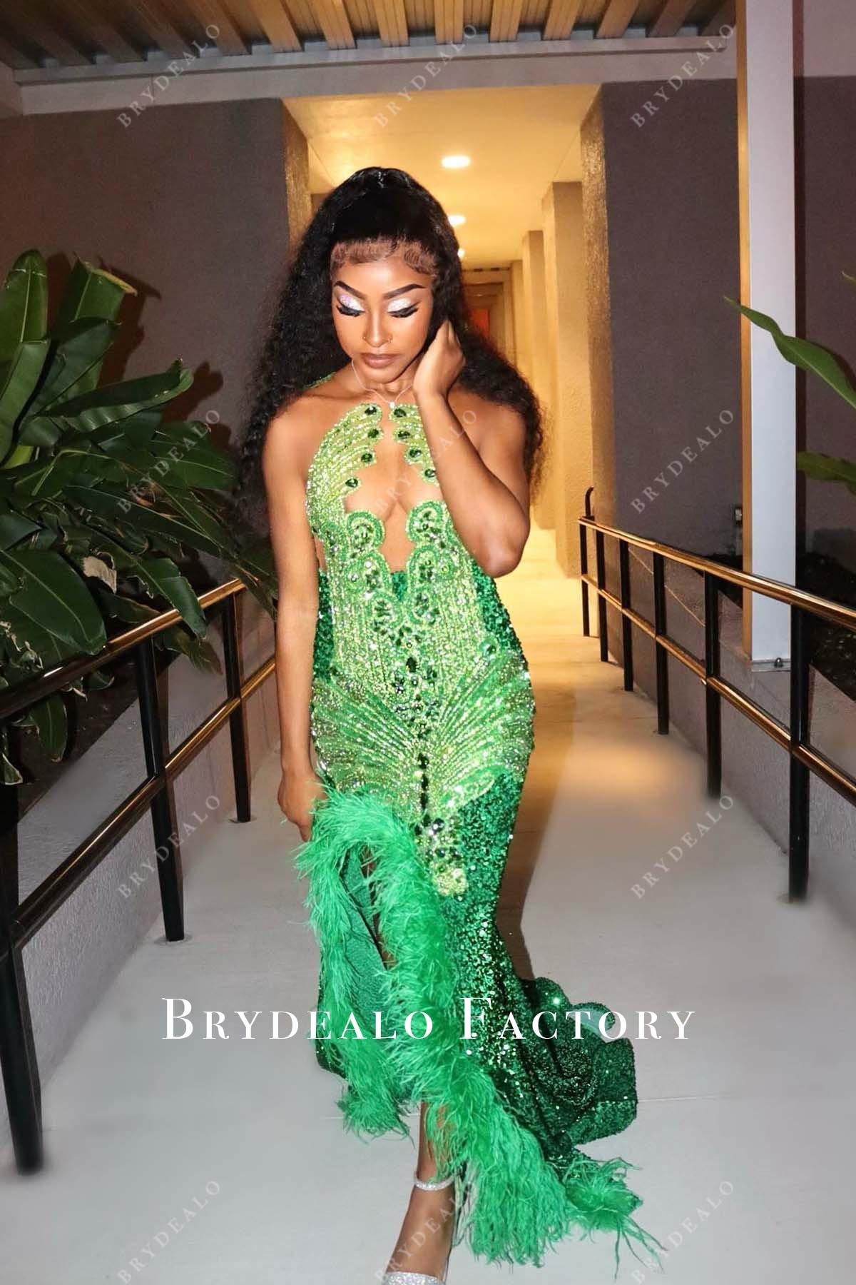 rhinestones emerald feathered mermaid dress