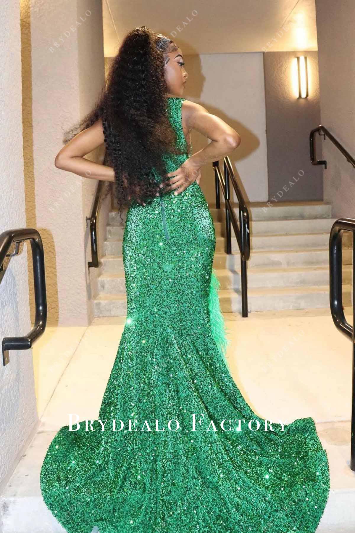rhinestones emerald mermaid long train prom dress