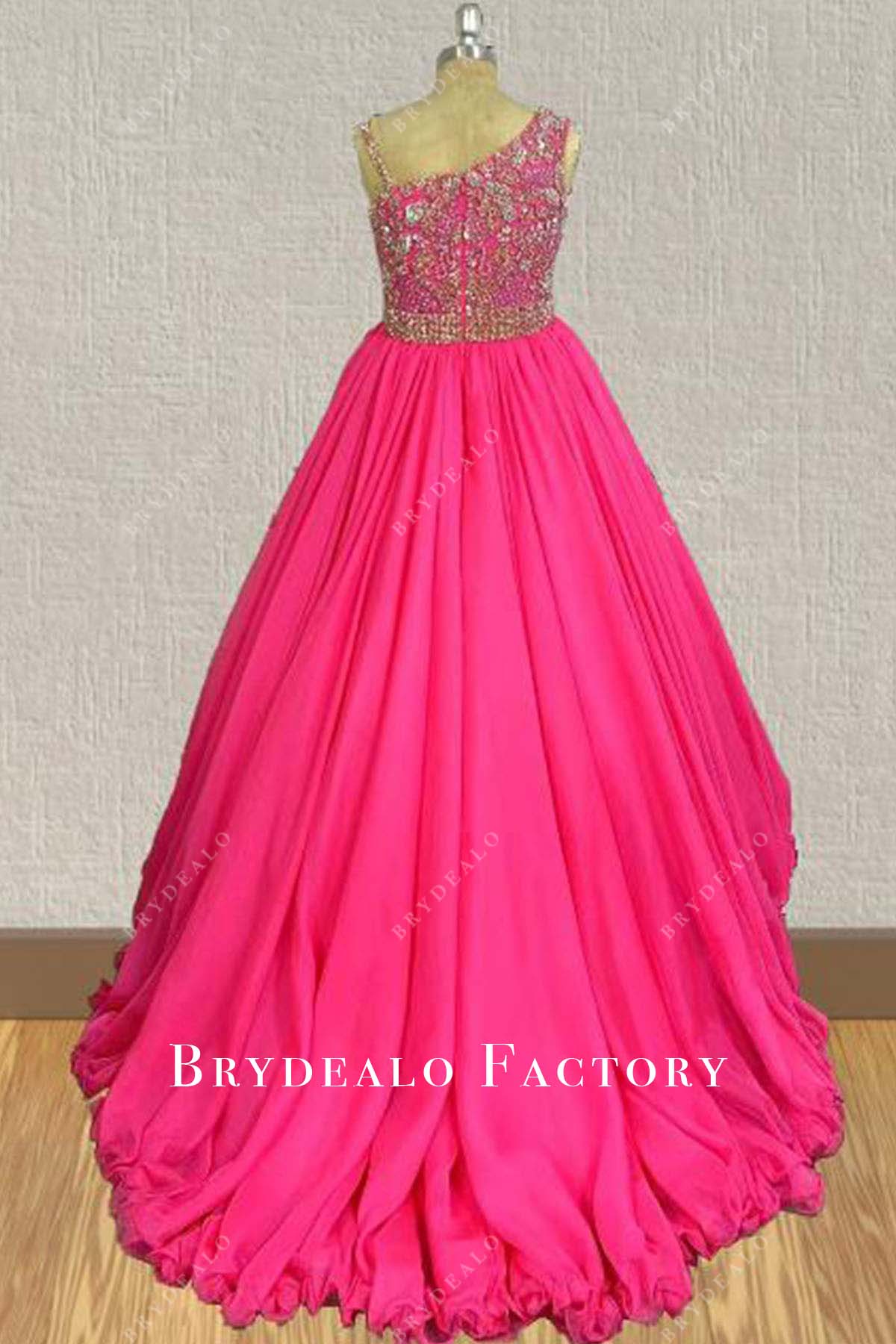 rhinestones fuchsia a line sweep train pageant dress