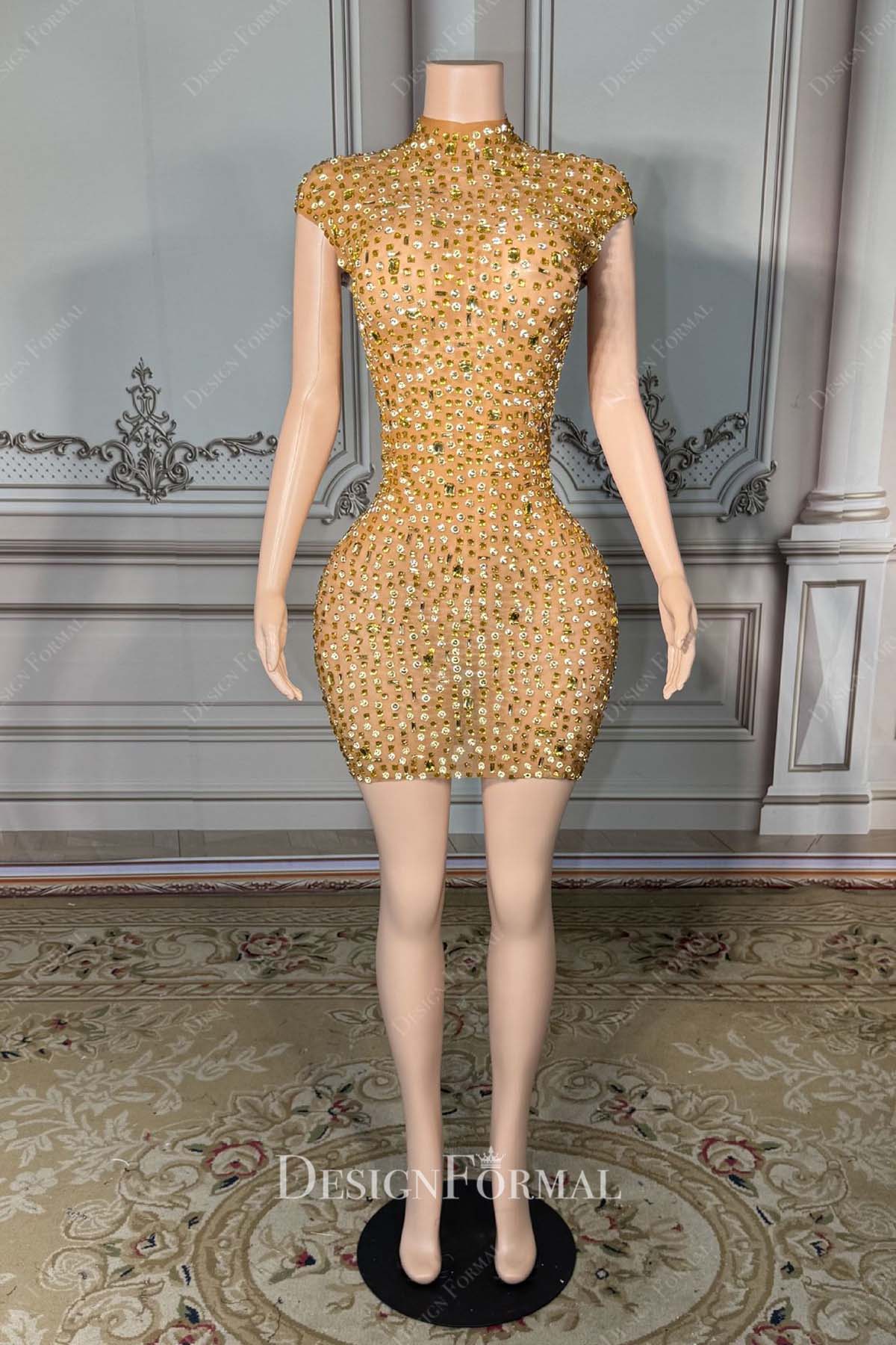 rhinestones gold high neck prom dress