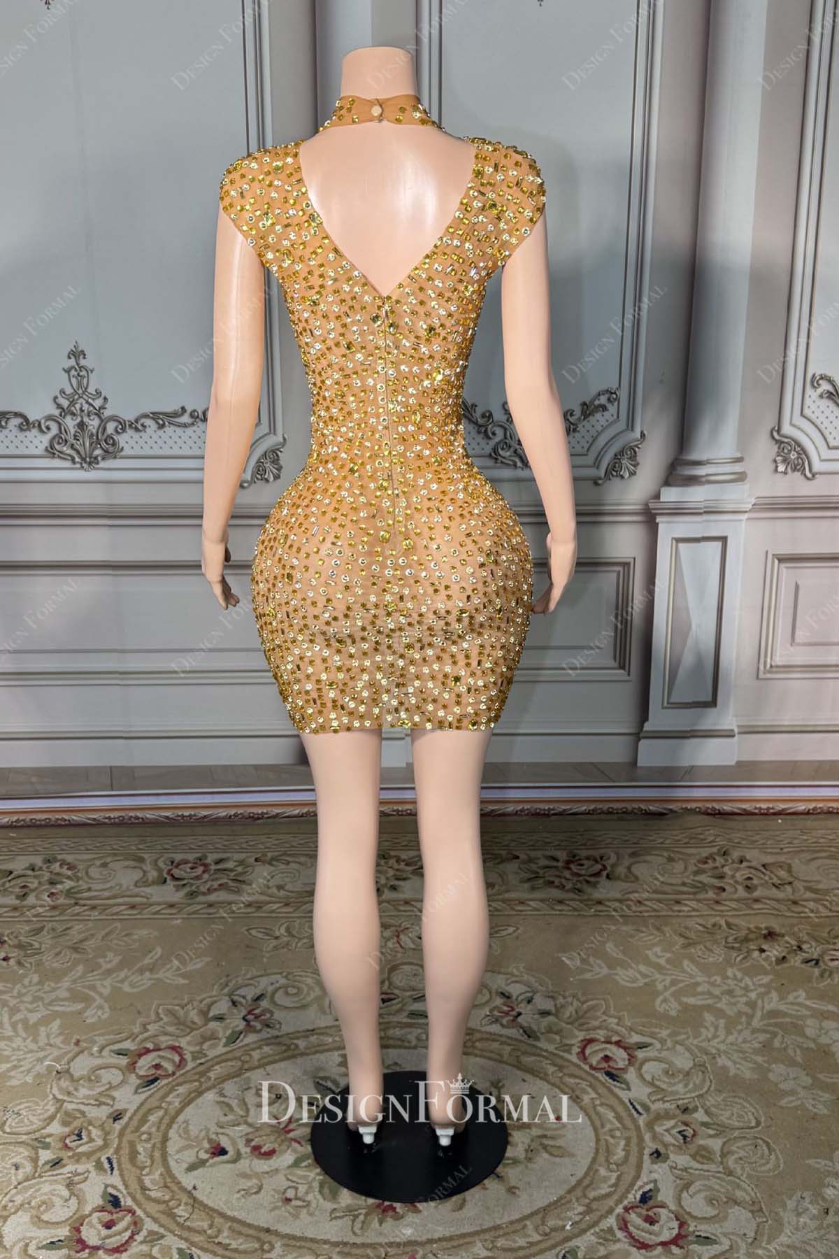 rhinestones gold keyhole v back prom dress