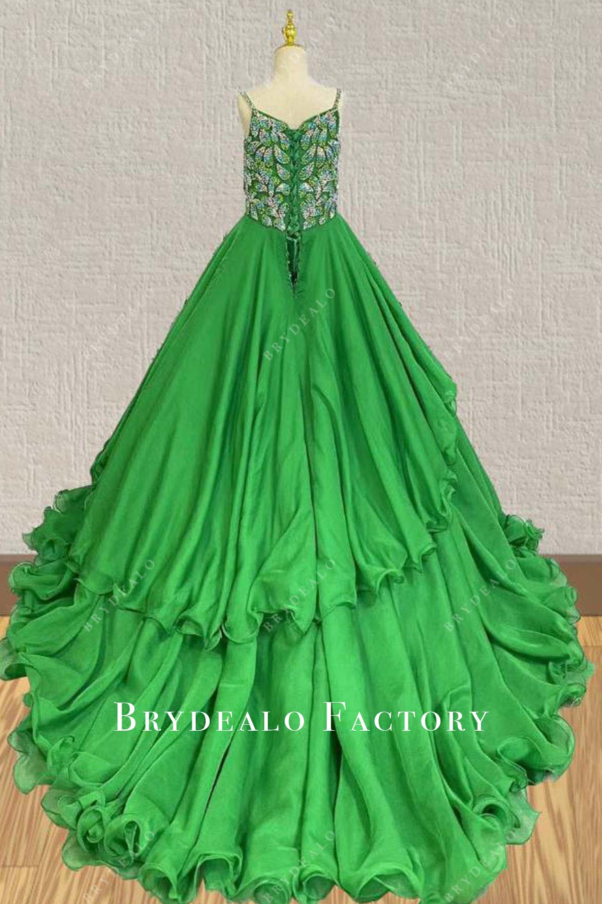 rhinestones green a line court train pageant dress